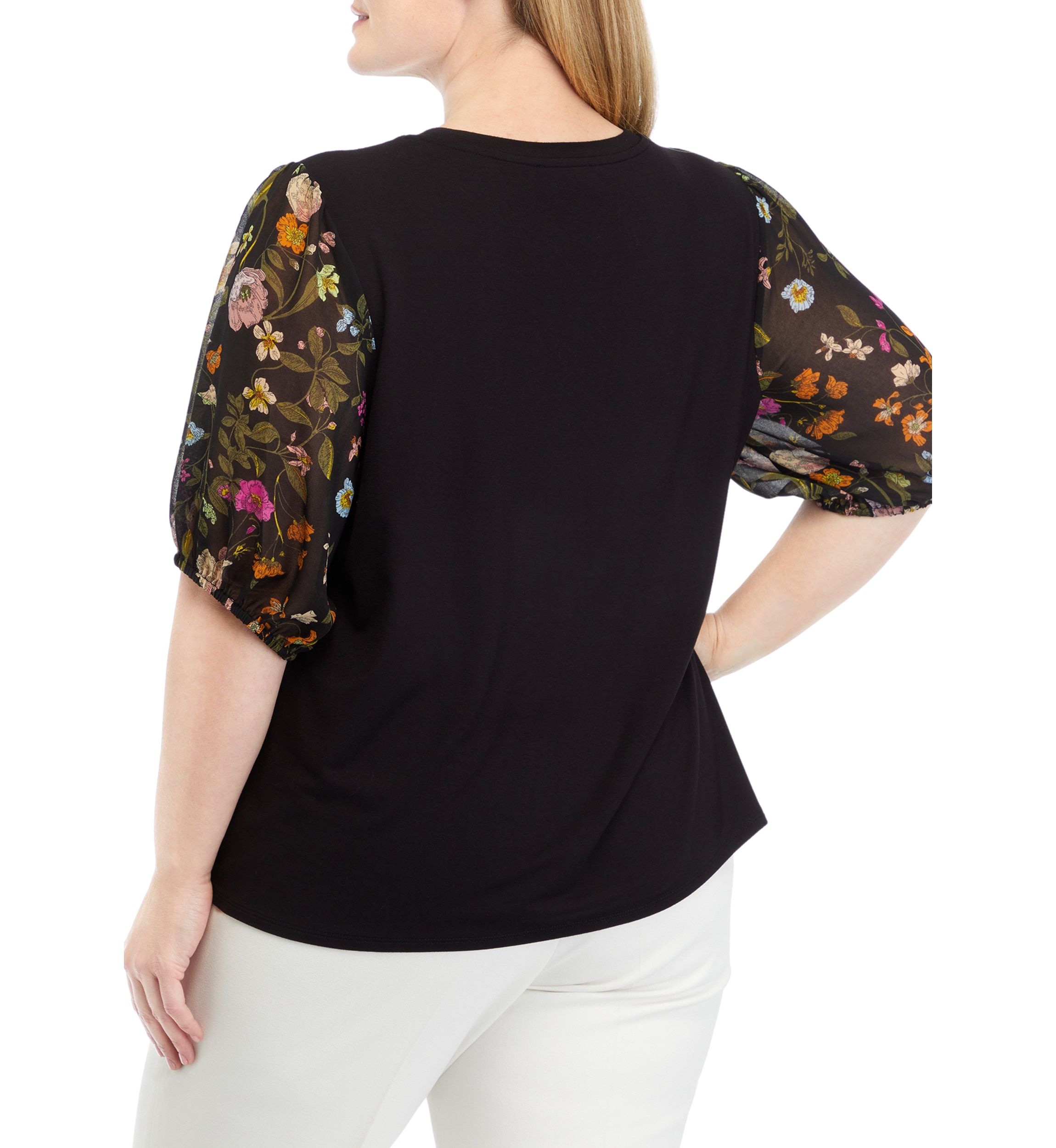 Plus Size Elbow Woven Sleeve Mixed Media Top 
