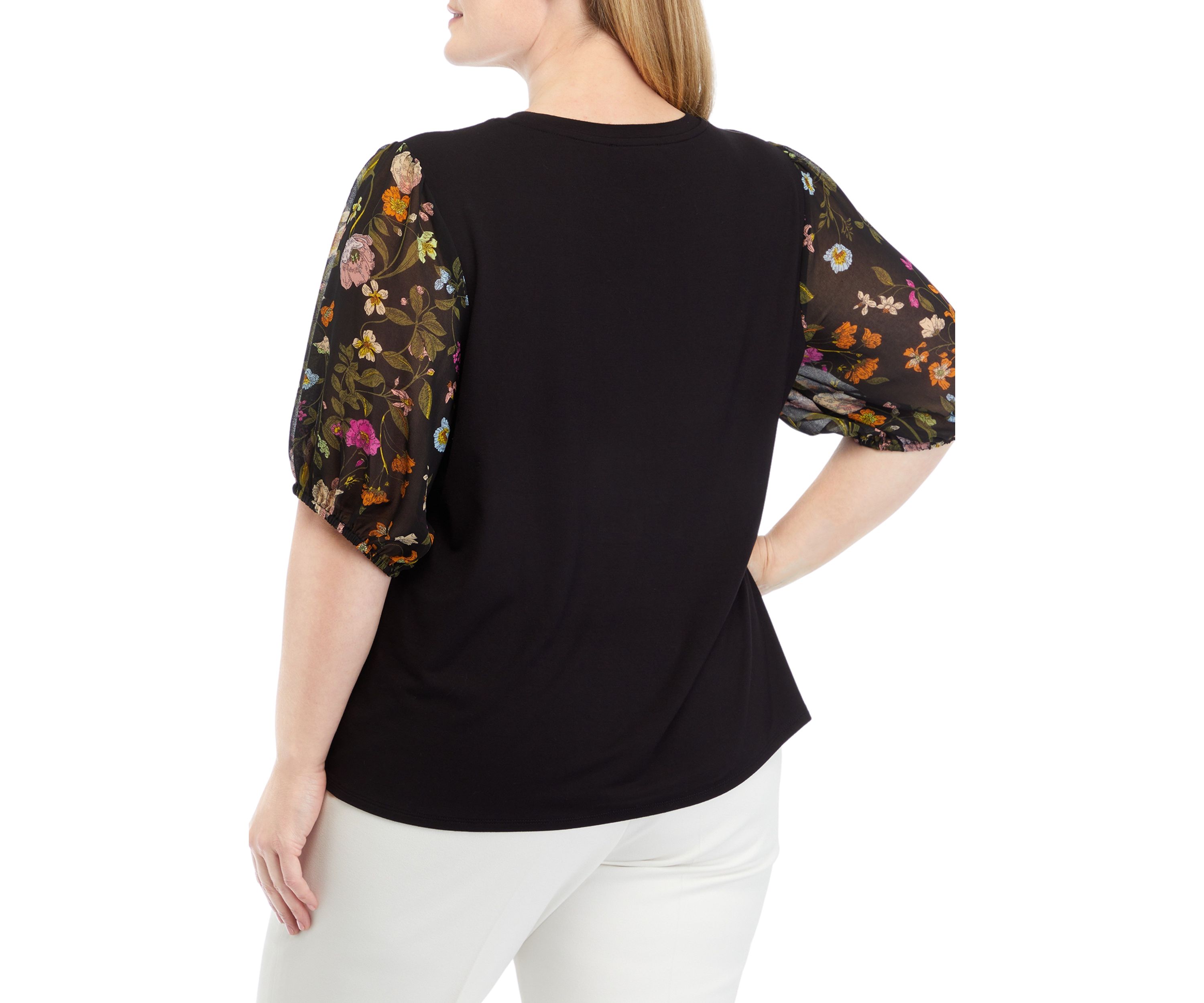 Plus Size Elbow Woven Sleeve Mixed Media Top 