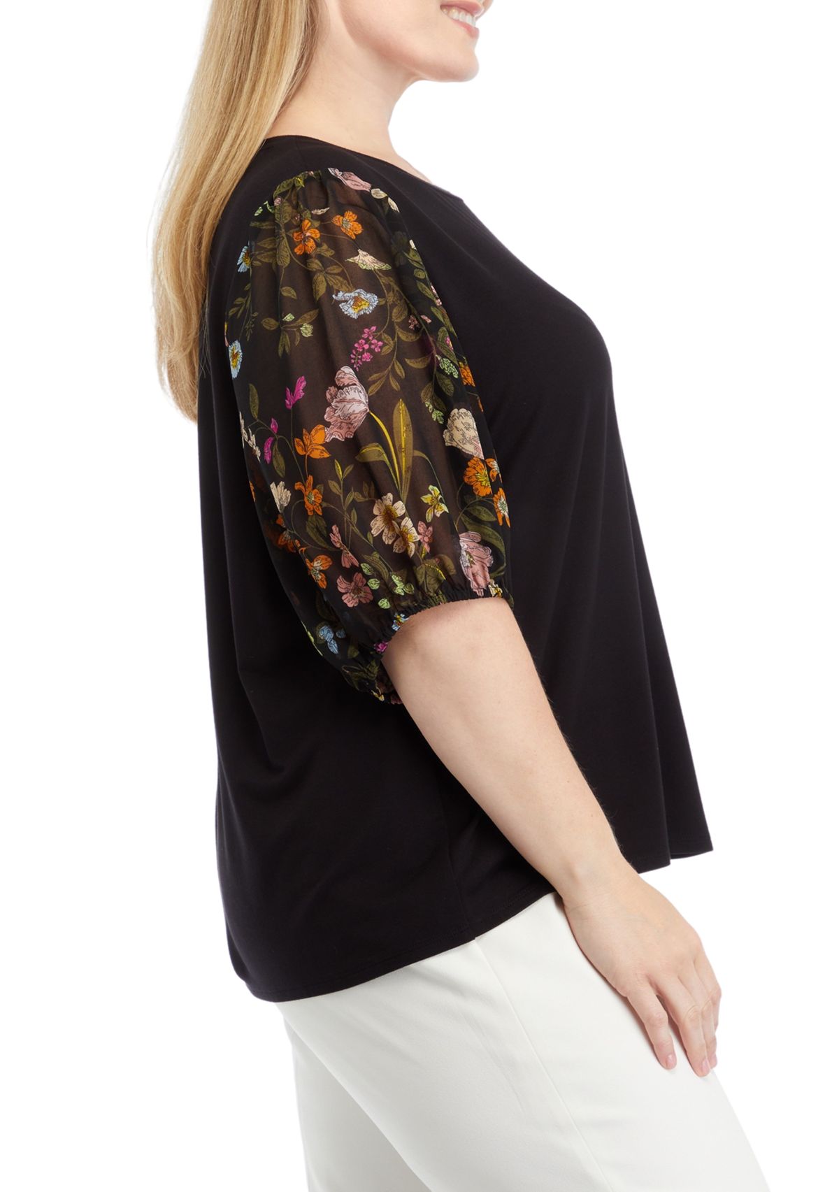 Plus Size Elbow Woven Sleeve Mixed Media Top 