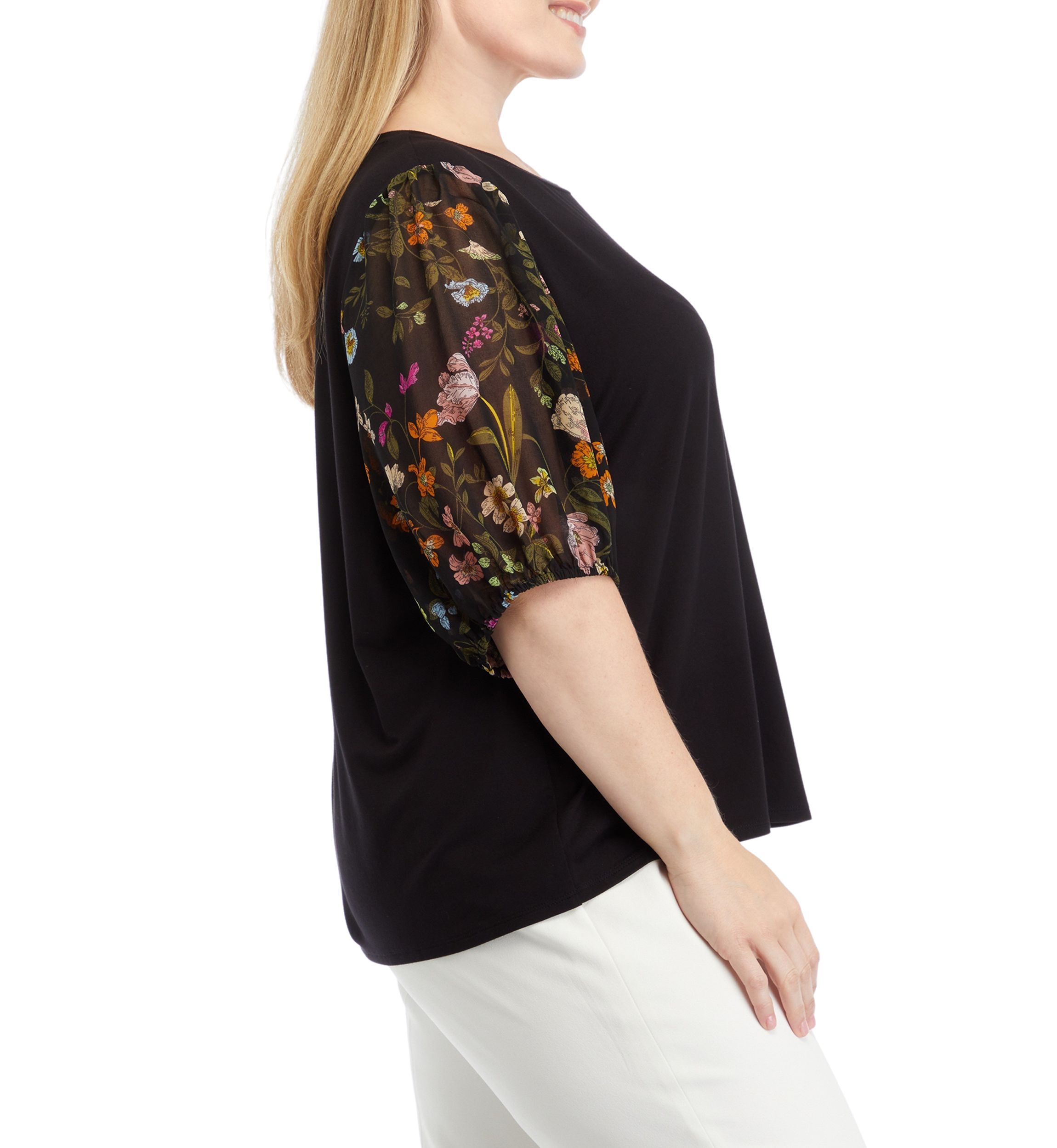 Plus Size Elbow Woven Sleeve Mixed Media Top 
