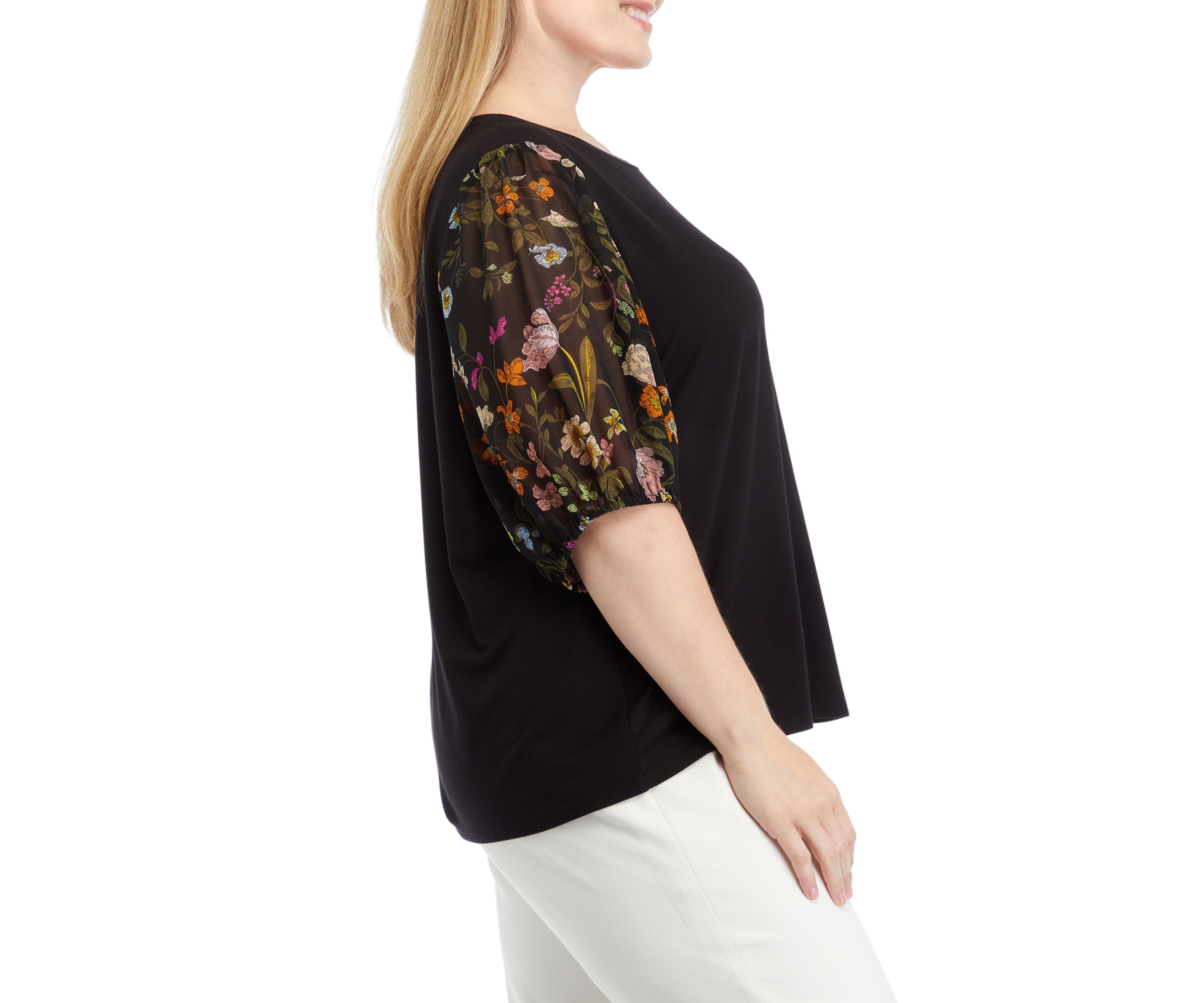 Plus Size Elbow Woven Sleeve Mixed Media Top 