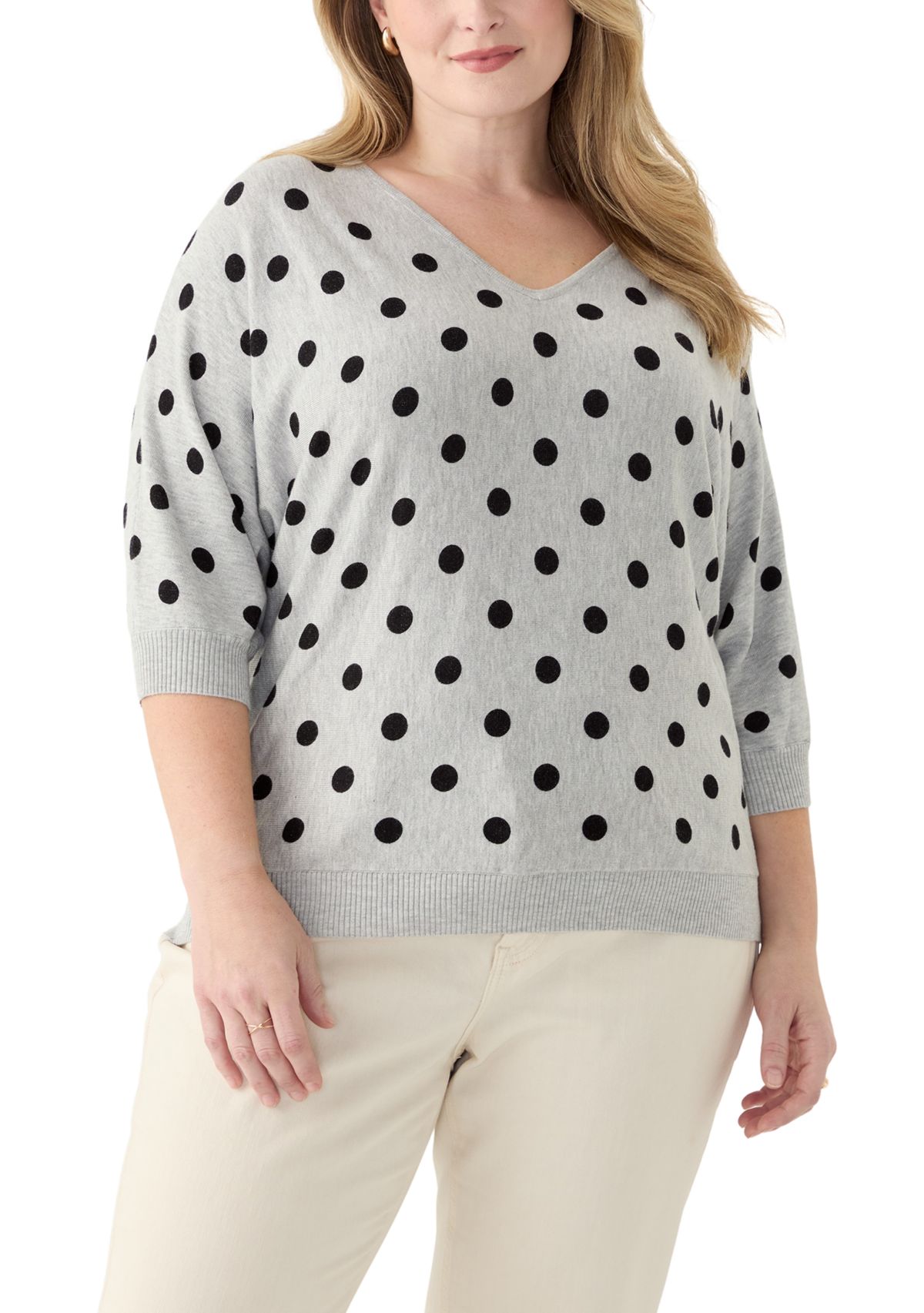 Plus Size Elbow Sleeve Printed Knit Sweater