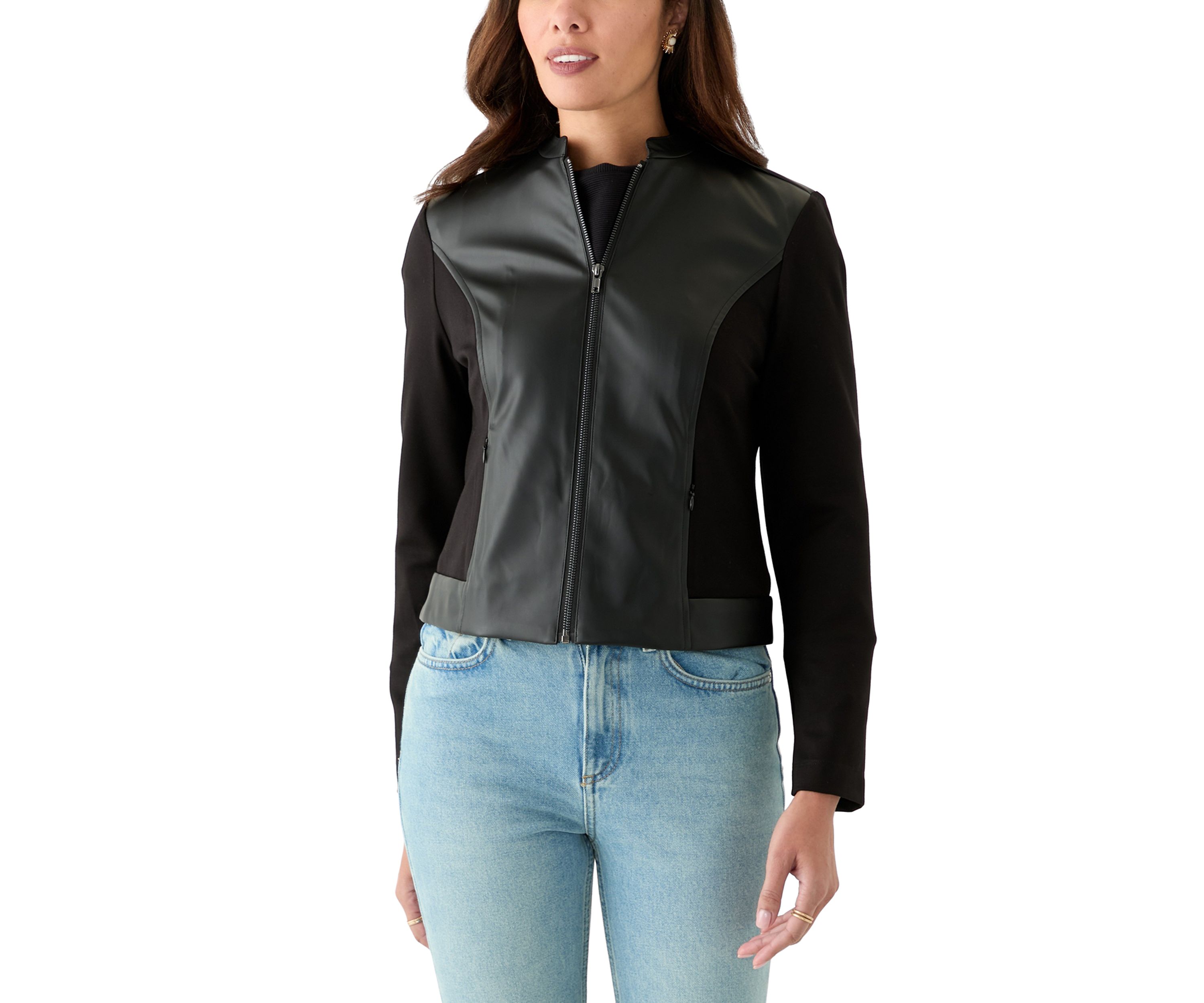 Petite Long Sleeve Mix Media Faux Leather Trim Jacket