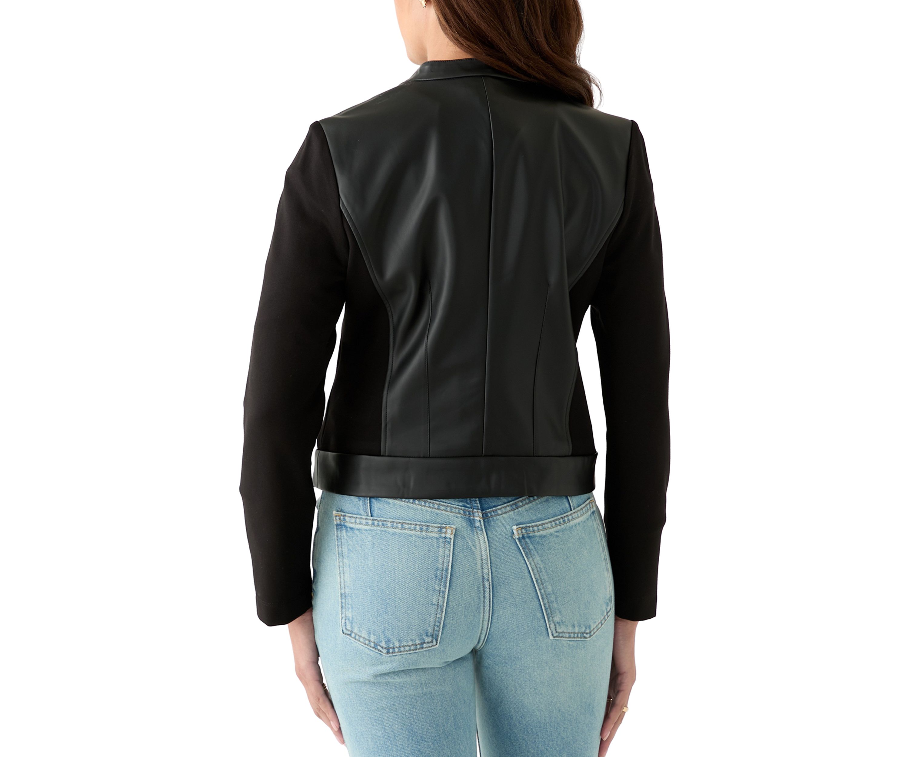 Petite Long Sleeve Mix Media Faux Leather Trim Jacket
