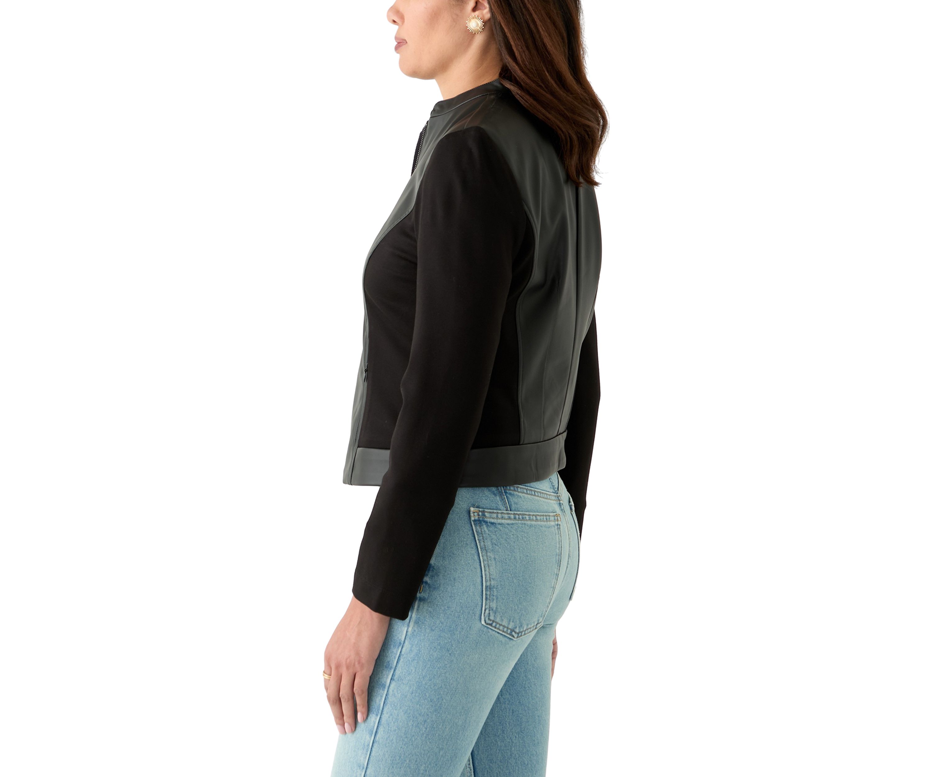 Petite Long Sleeve Mix Media Faux Leather Trim Jacket