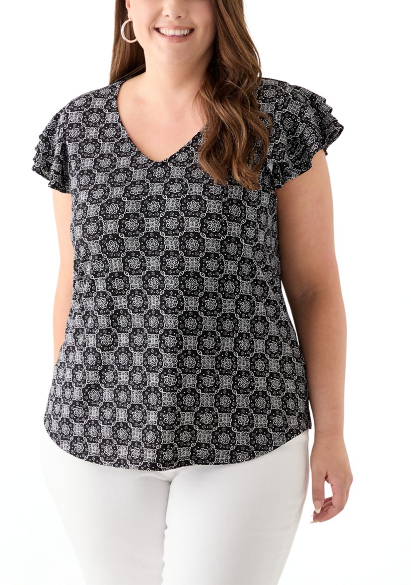 Plus Size Flutter Sleeve V-Neck Blouse 
