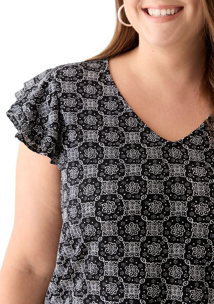 Plus Size Flutter Sleeve V-Neck Blouse 