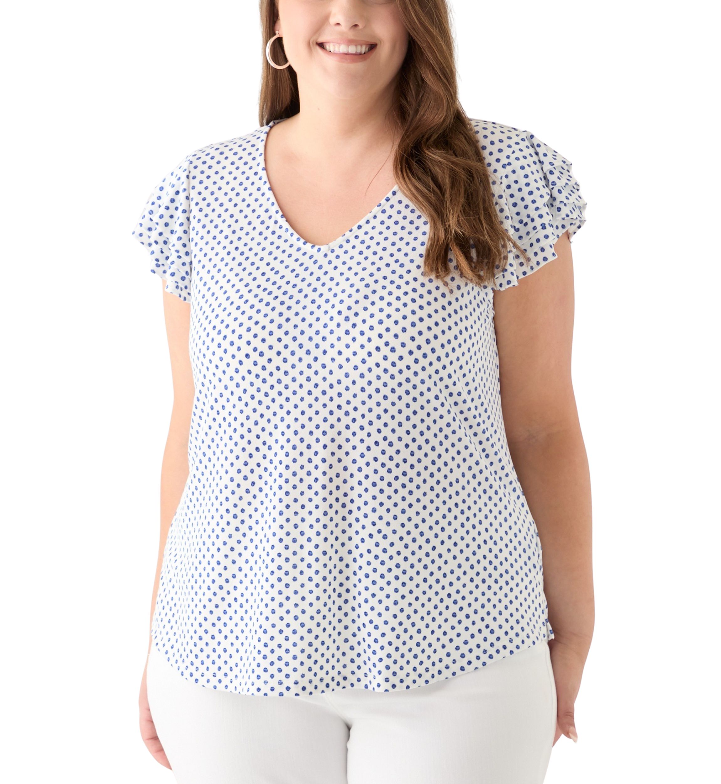 Plus Size Flutter Sleeve Printed V-Neck Zop