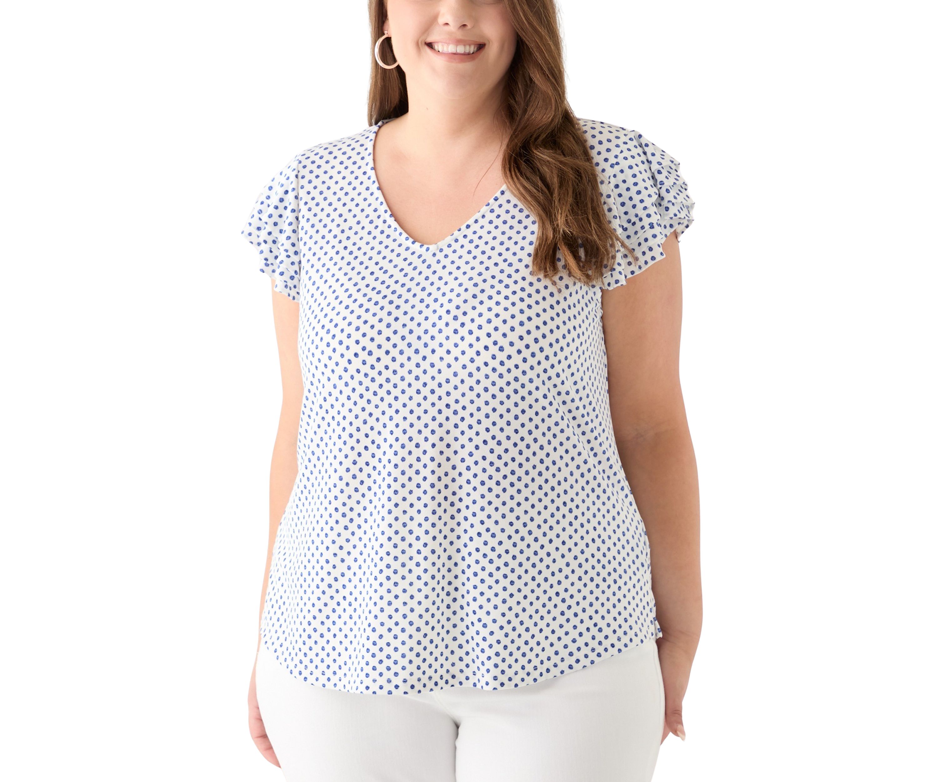 Plus Size Flutter Sleeve Printed V-Neck Zop