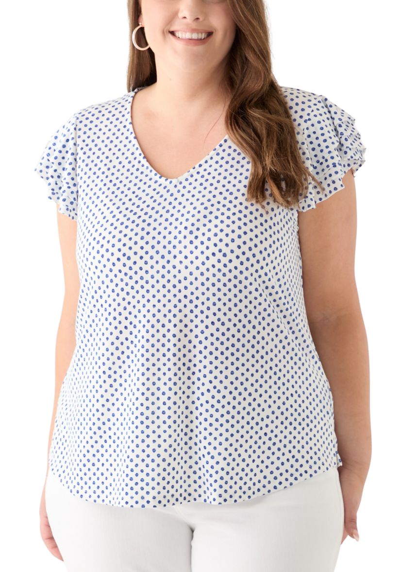 Plus Size Flutter Sleeve Printed V-Neck Zop