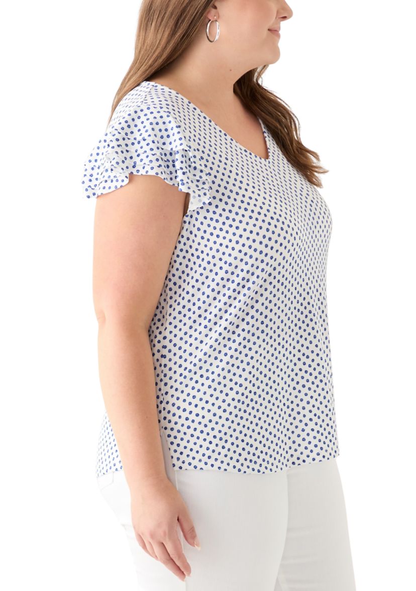 Plus Size Flutter Sleeve Printed V-Neck Zop