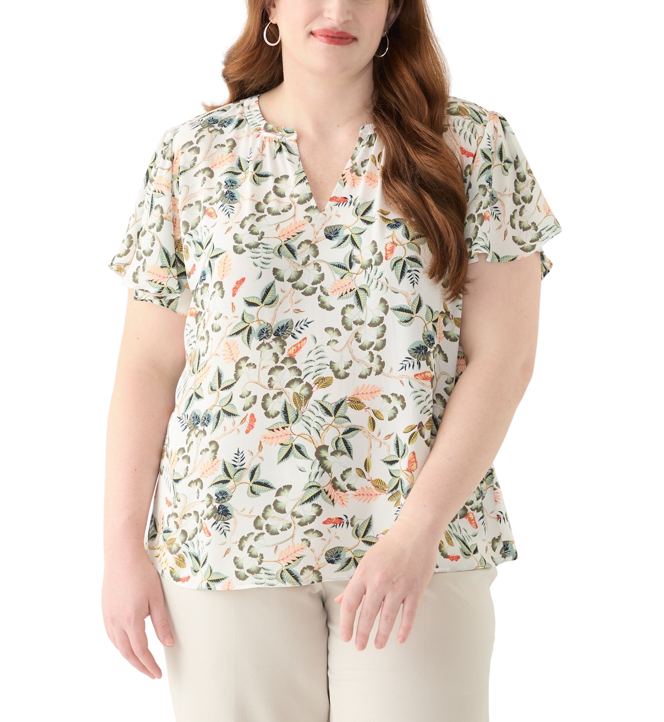 Plus Size Short Sleeve Leafed Flutter Sleeve Split Neck Top 