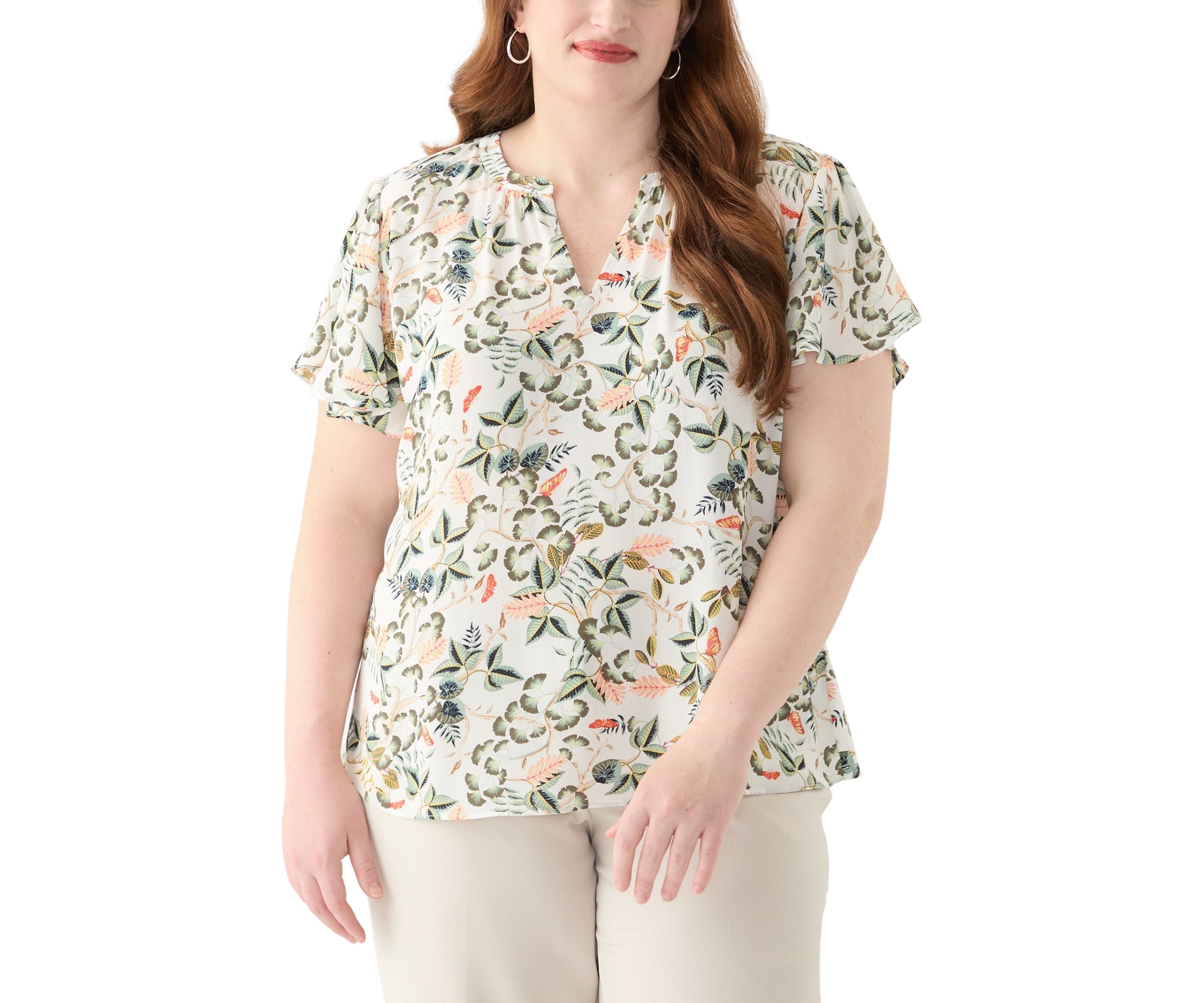 Plus Size Short Sleeve Leafed Flutter Sleeve Split Neck Top 