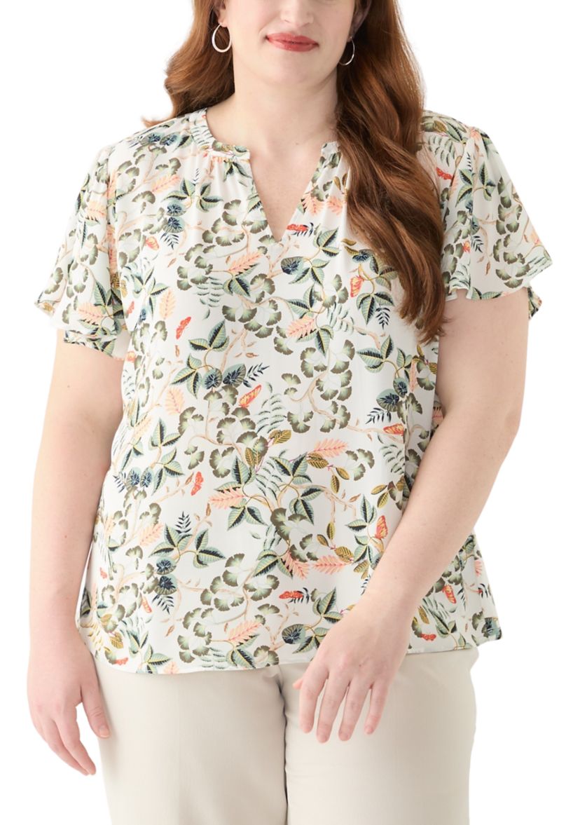 Plus Size Short Sleeve Leafed Flutter Sleeve Split Neck Top 