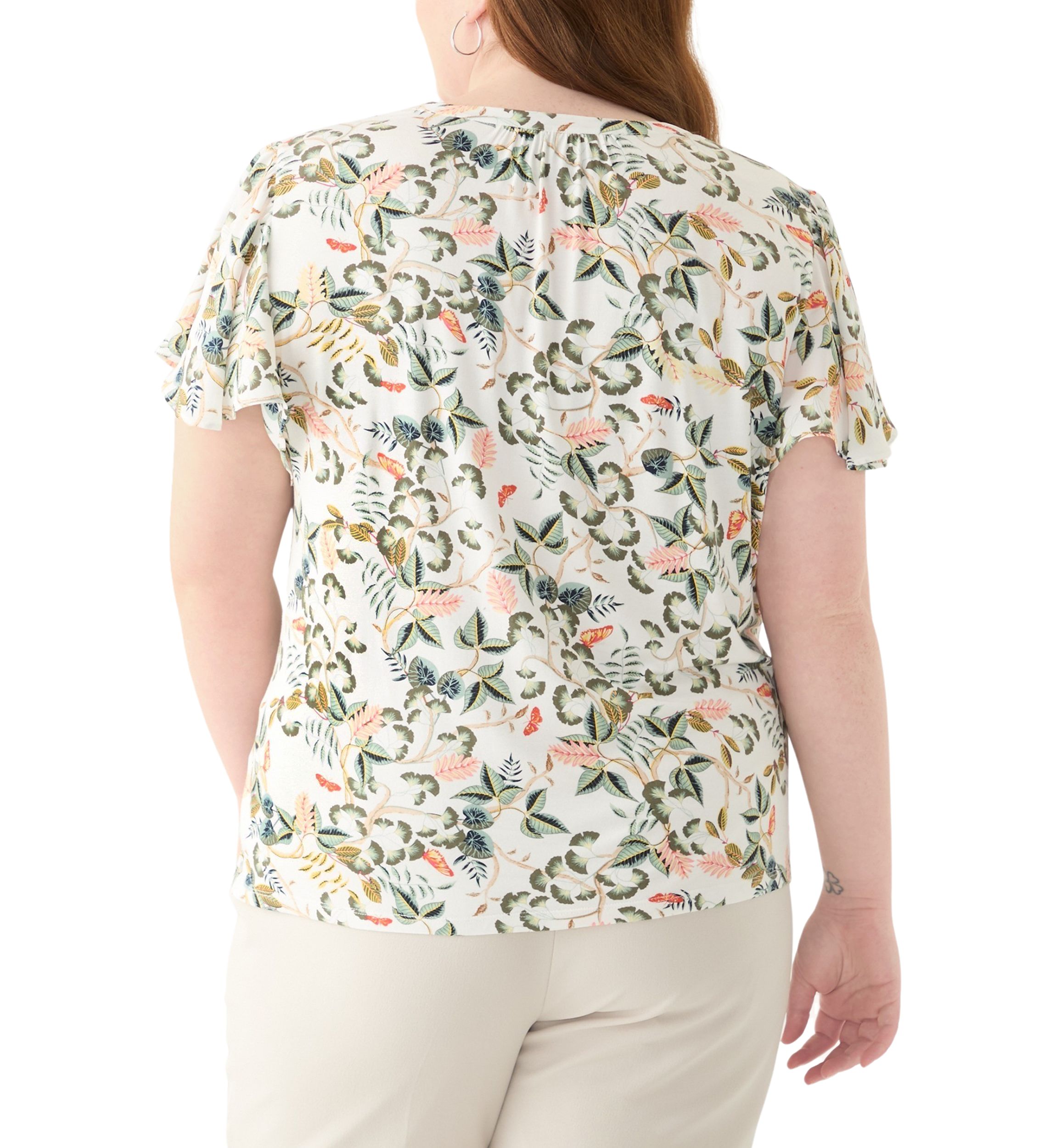 Plus Size Short Sleeve Leafed Flutter Sleeve Split Neck Top 