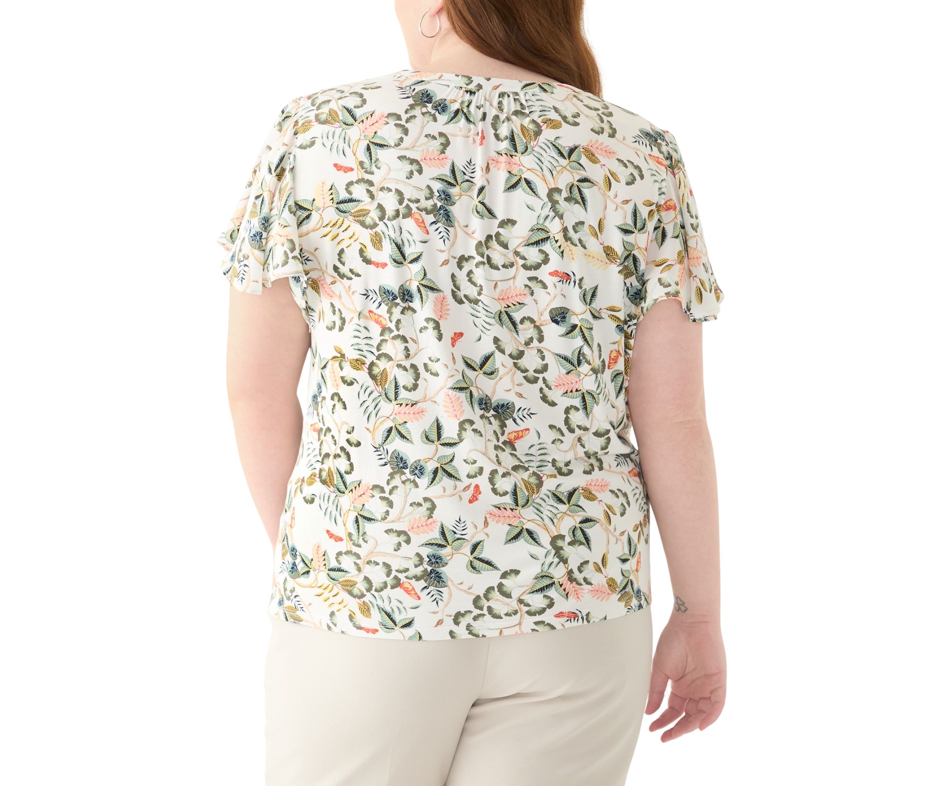 Plus Size Short Sleeve Leafed Flutter Sleeve Split Neck Top 