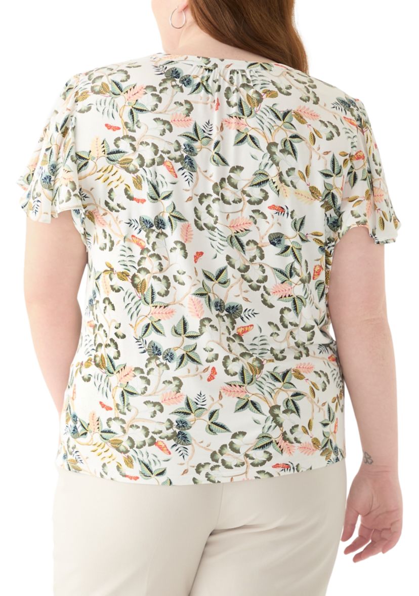 Plus Size Short Sleeve Leafed Flutter Sleeve Split Neck Top 