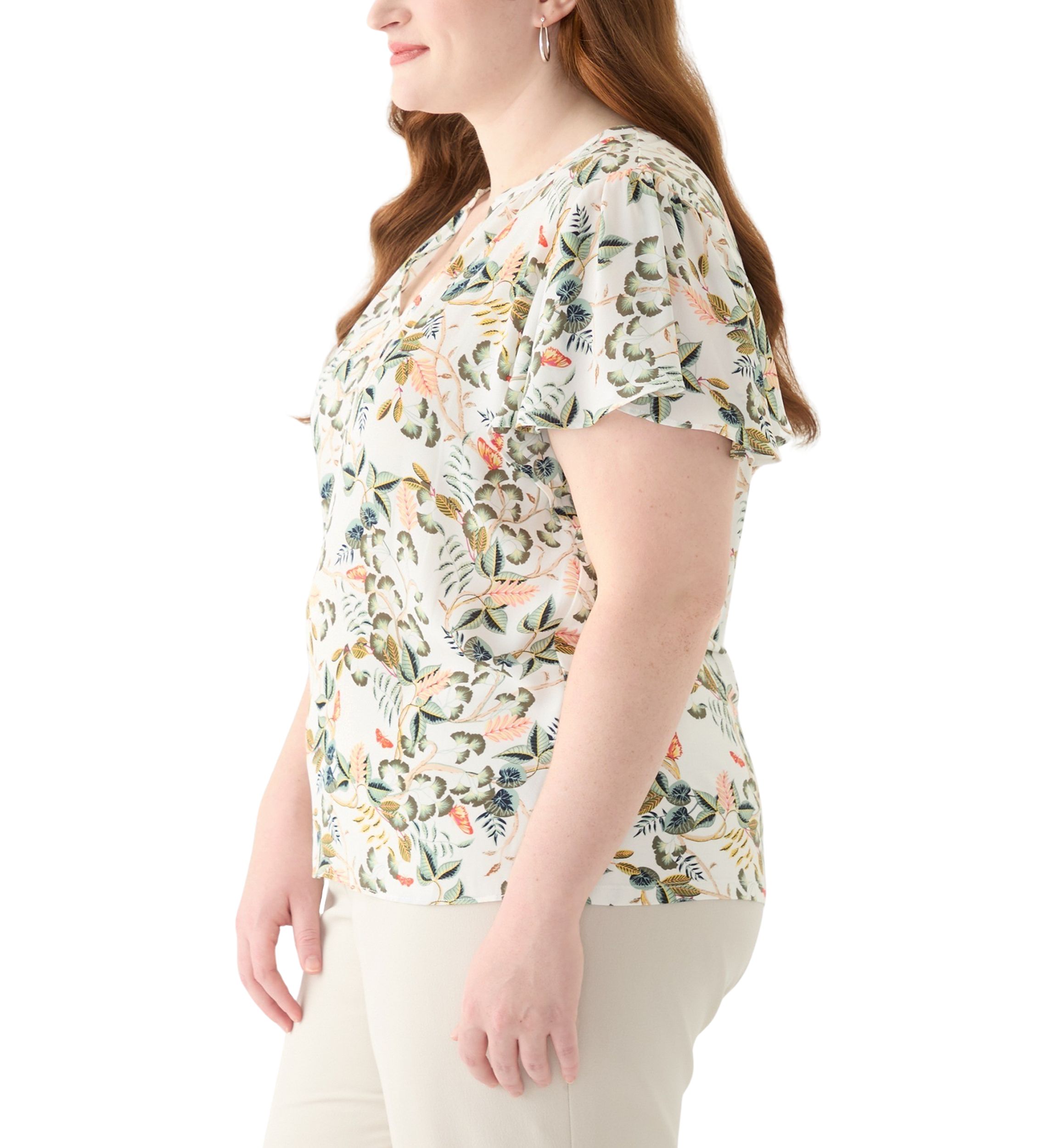 Plus Size Short Sleeve Leafed Flutter Sleeve Split Neck Top 