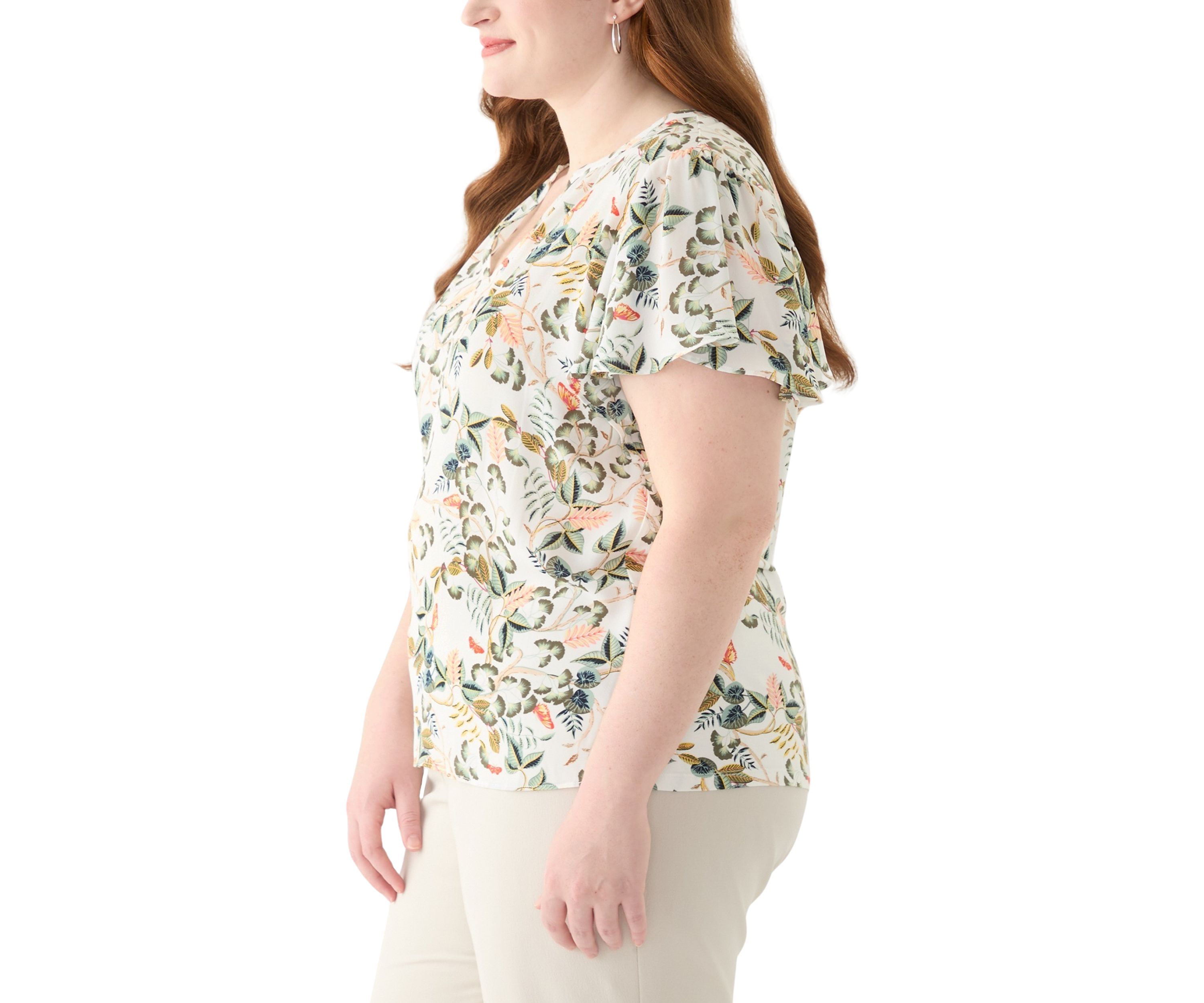 Plus Size Short Sleeve Leafed Flutter Sleeve Split Neck Top 
