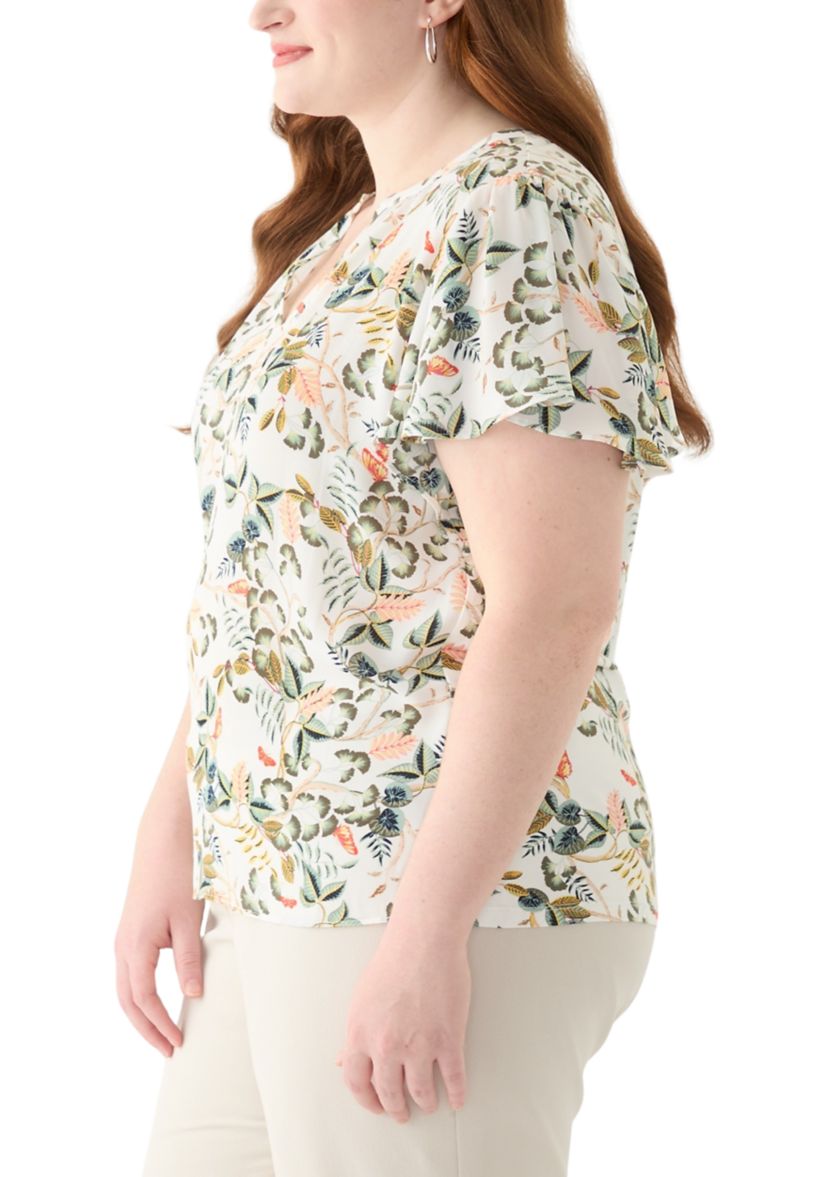 Plus Size Short Sleeve Leafed Flutter Sleeve Split Neck Top 
