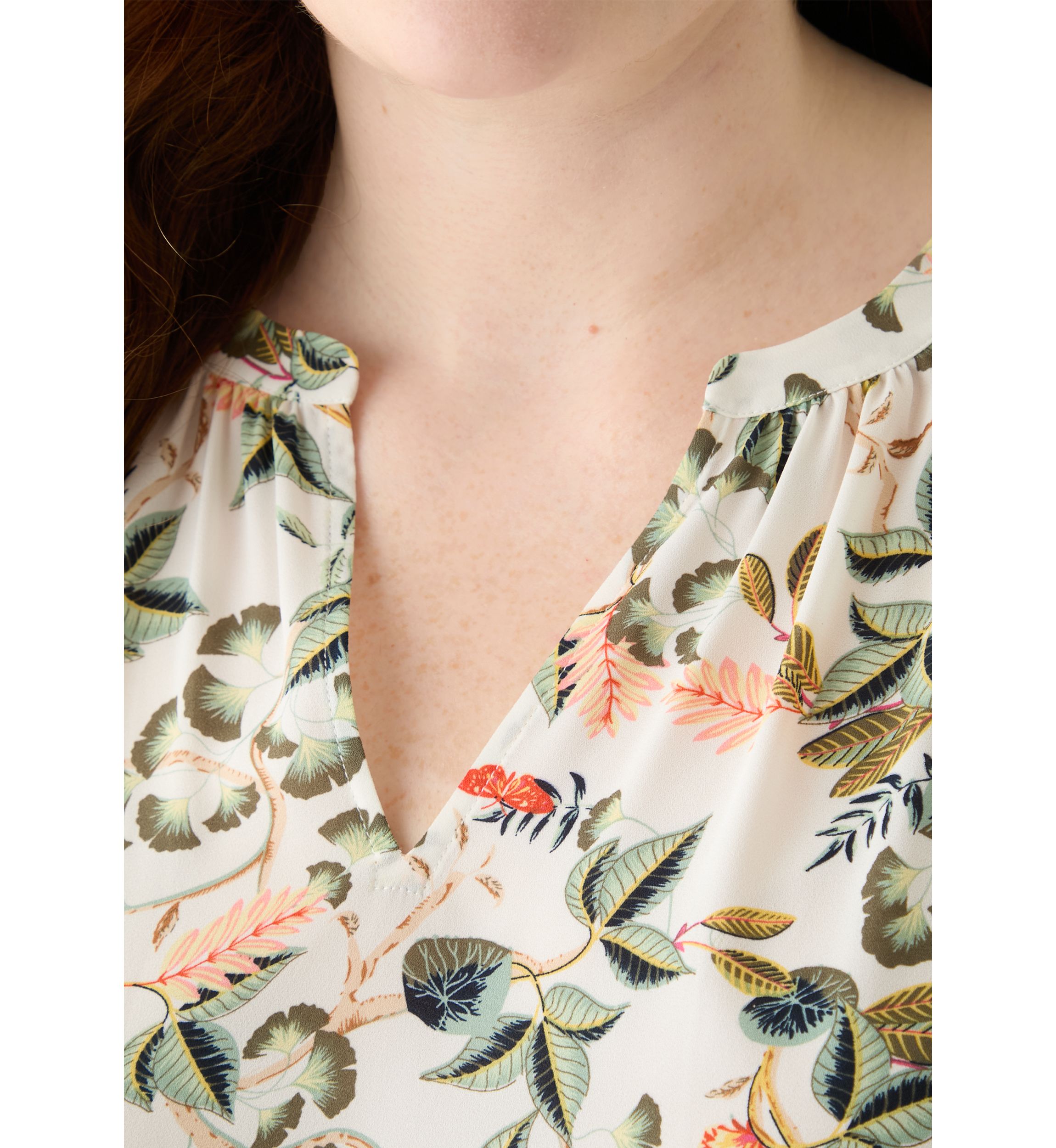 Plus Size Short Sleeve Leafed Flutter Sleeve Split Neck Top 