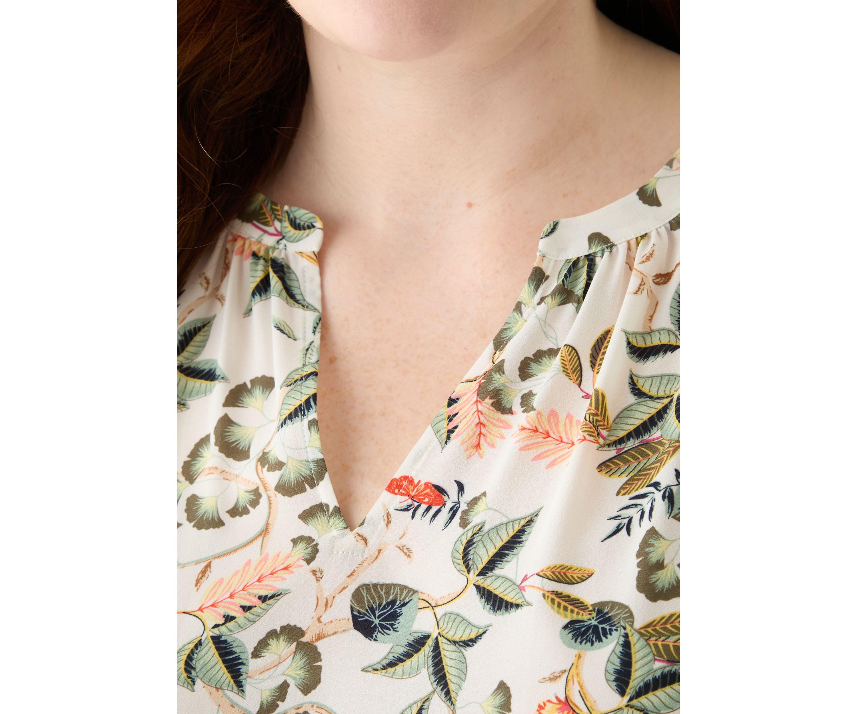 Plus Size Short Sleeve Leafed Flutter Sleeve Split Neck Top 