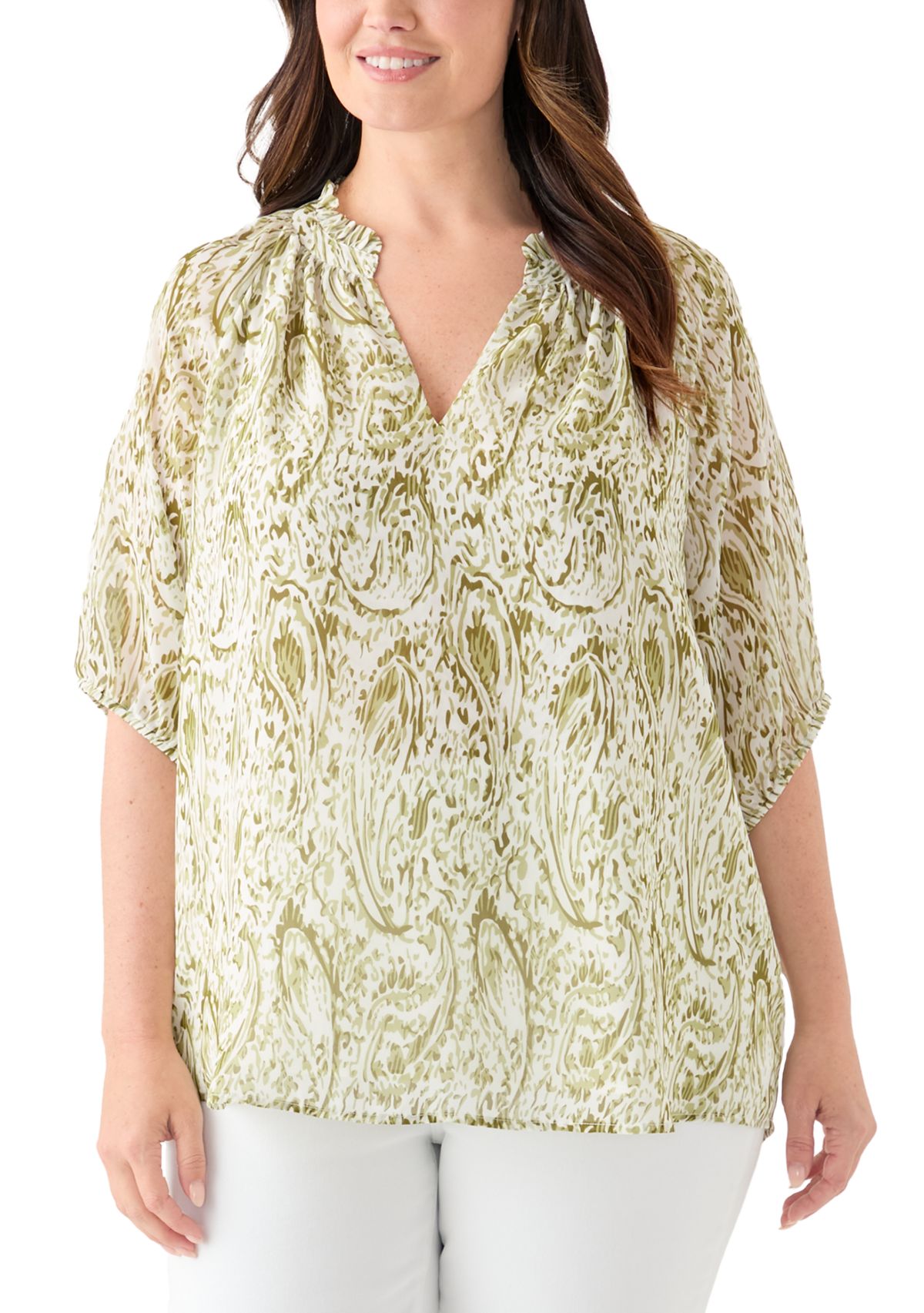Plus Size Printed Raglan Sleeve Peasant Top
