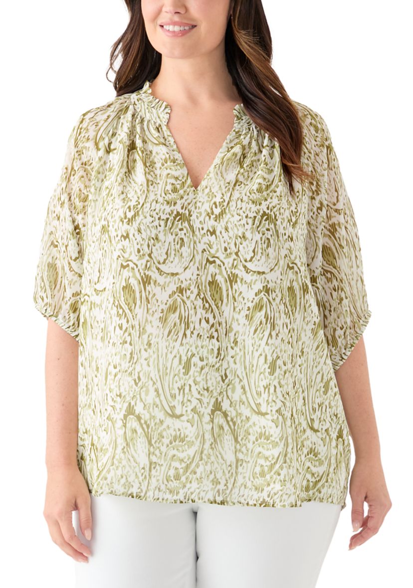 Plus Size Printed Raglan Sleeve Peasant Top