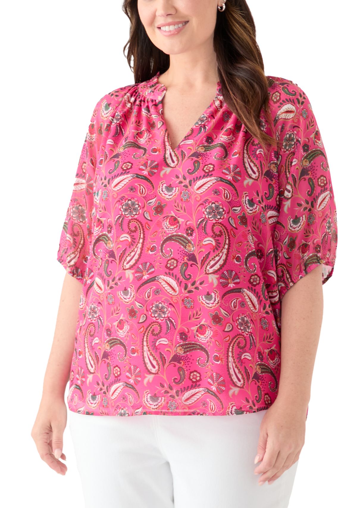 Plus Size Printed Raglan Sleeve Peasant Top