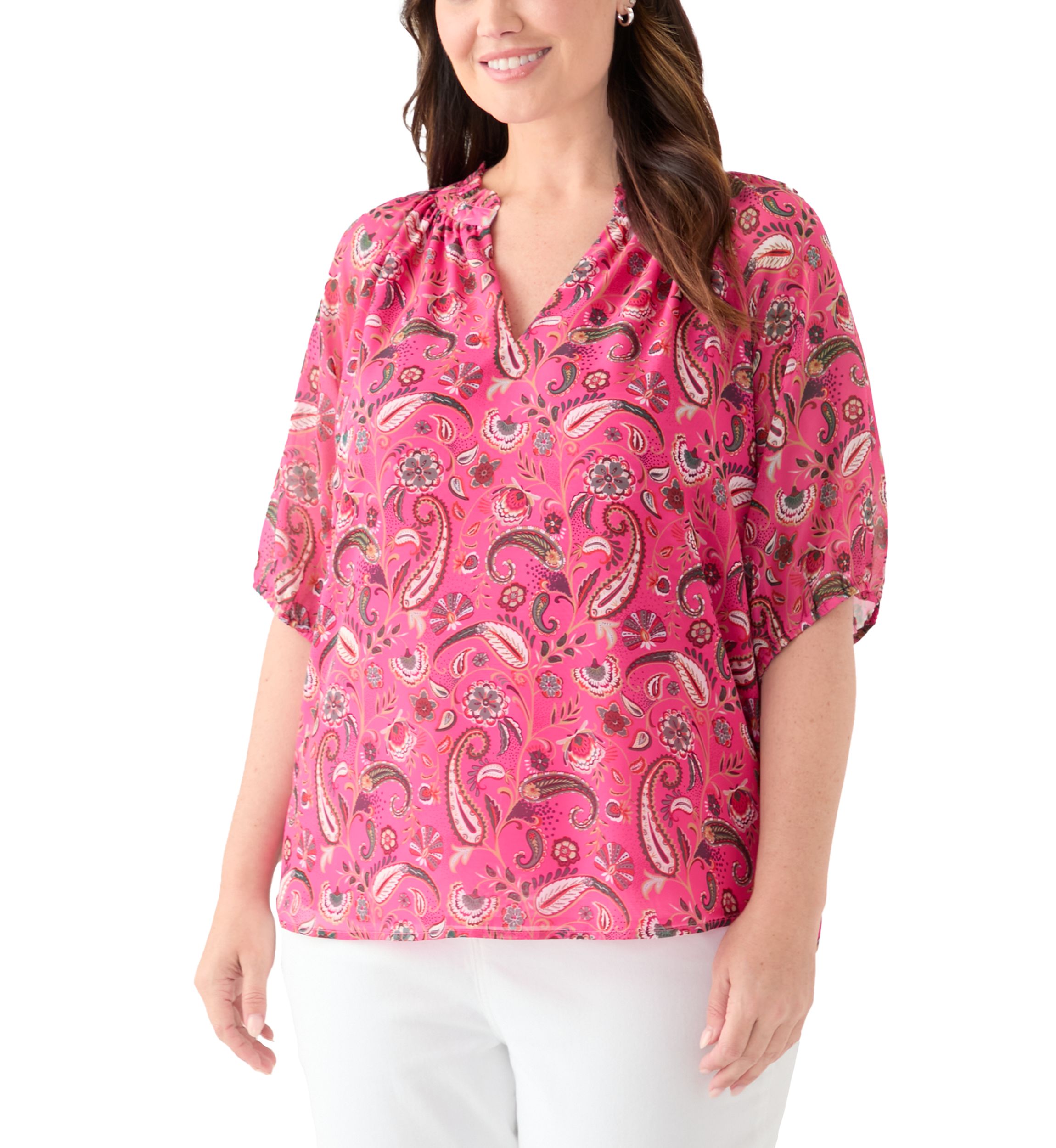 Plus Size Printed Raglan Sleeve Peasant Top