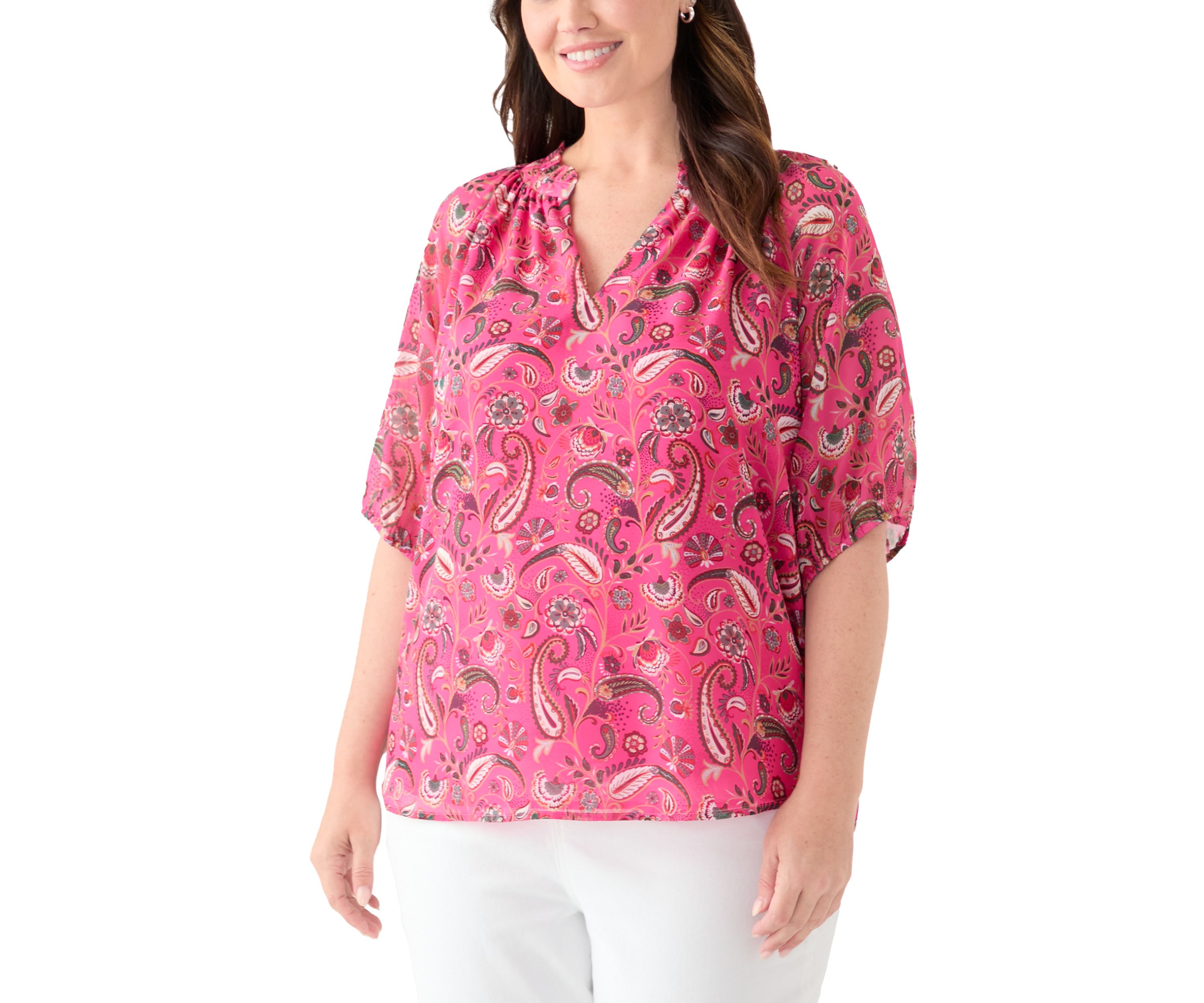 Plus Size Printed Raglan Sleeve Peasant Top