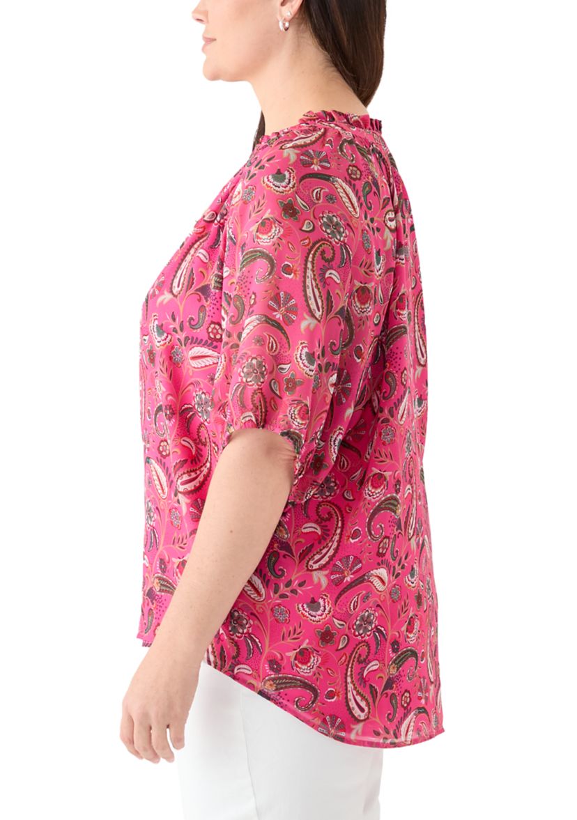 Plus Size Printed Raglan Sleeve Peasant Top