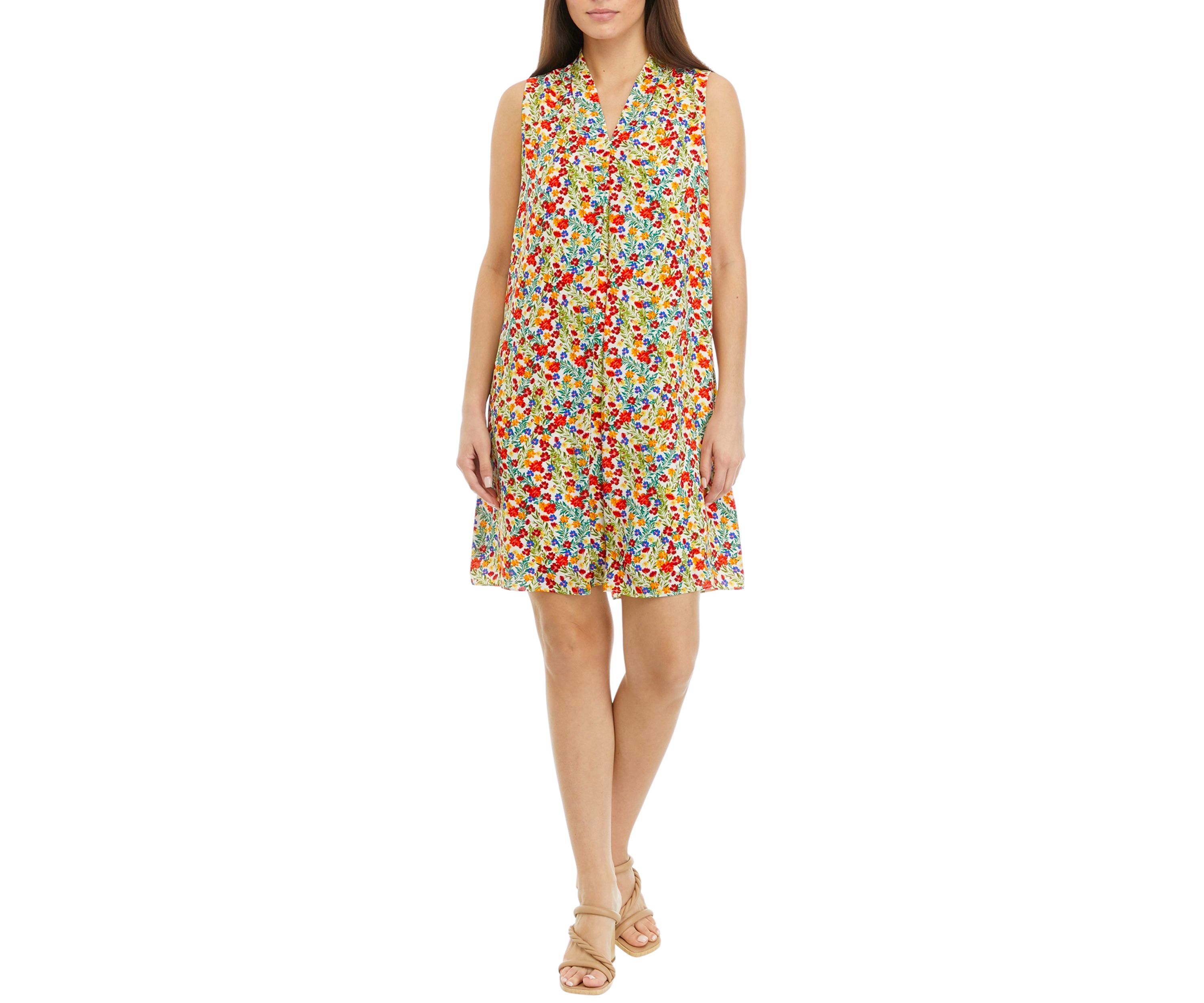 Petite Sleeveless Floral Dress with Neck Pleat Details 