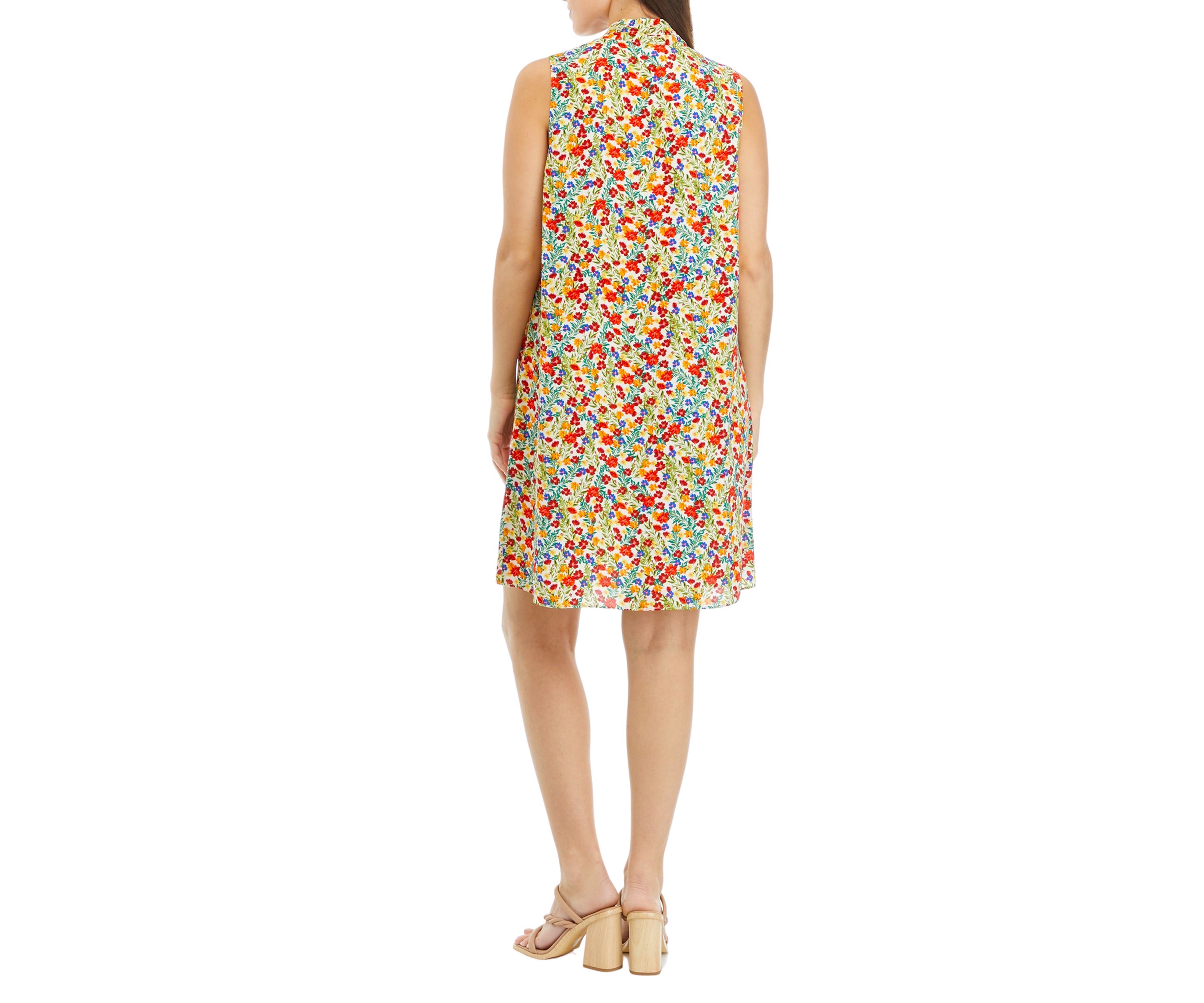 Petite Sleeveless Floral Dress with Neck Pleat Details 