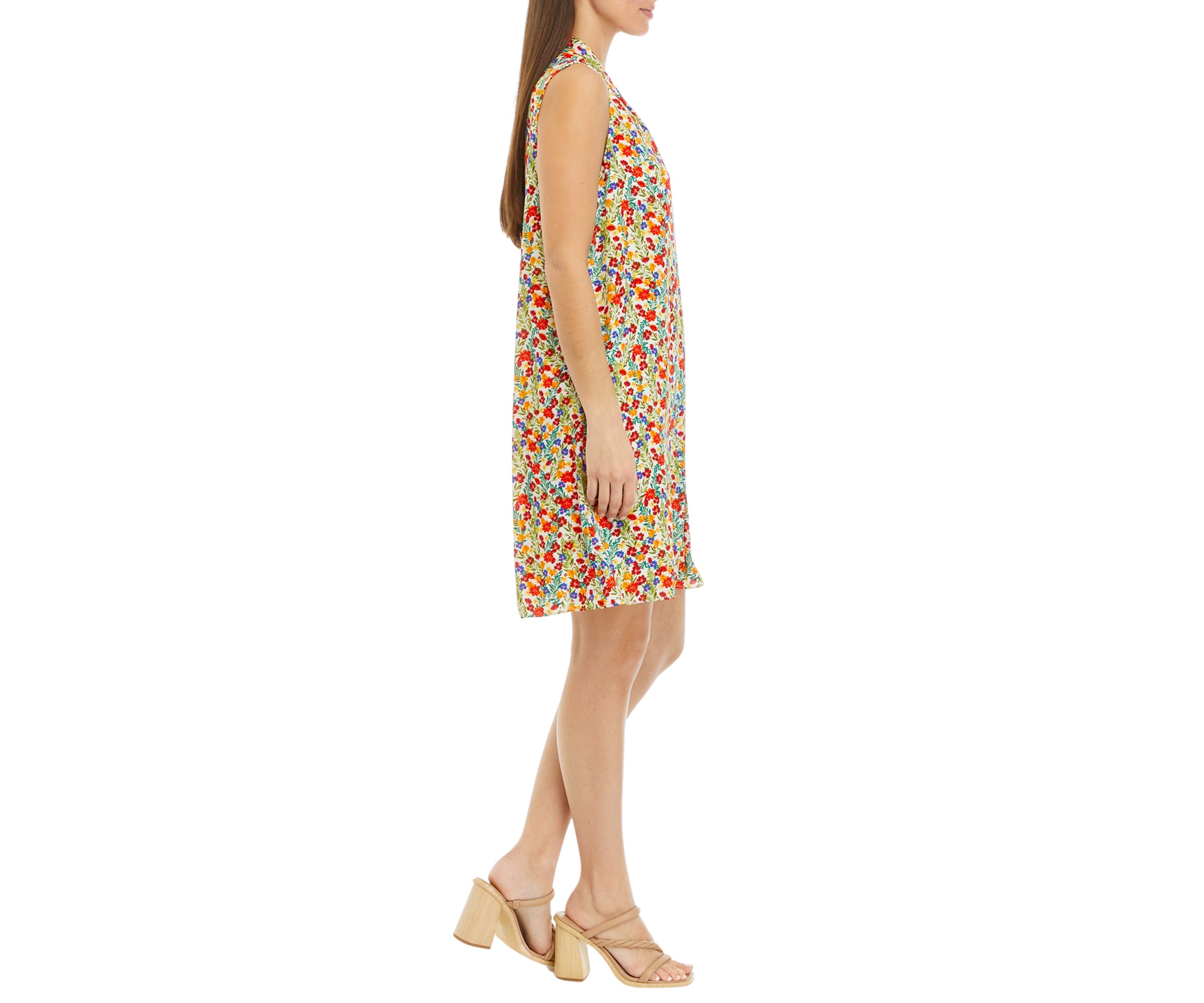 Petite Sleeveless Floral Dress with Neck Pleat Details 