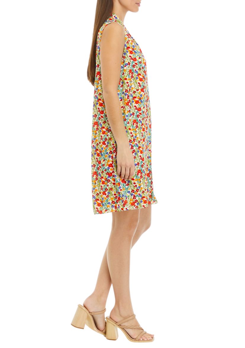 Petite Sleeveless Floral Dress with Neck Pleat Details 