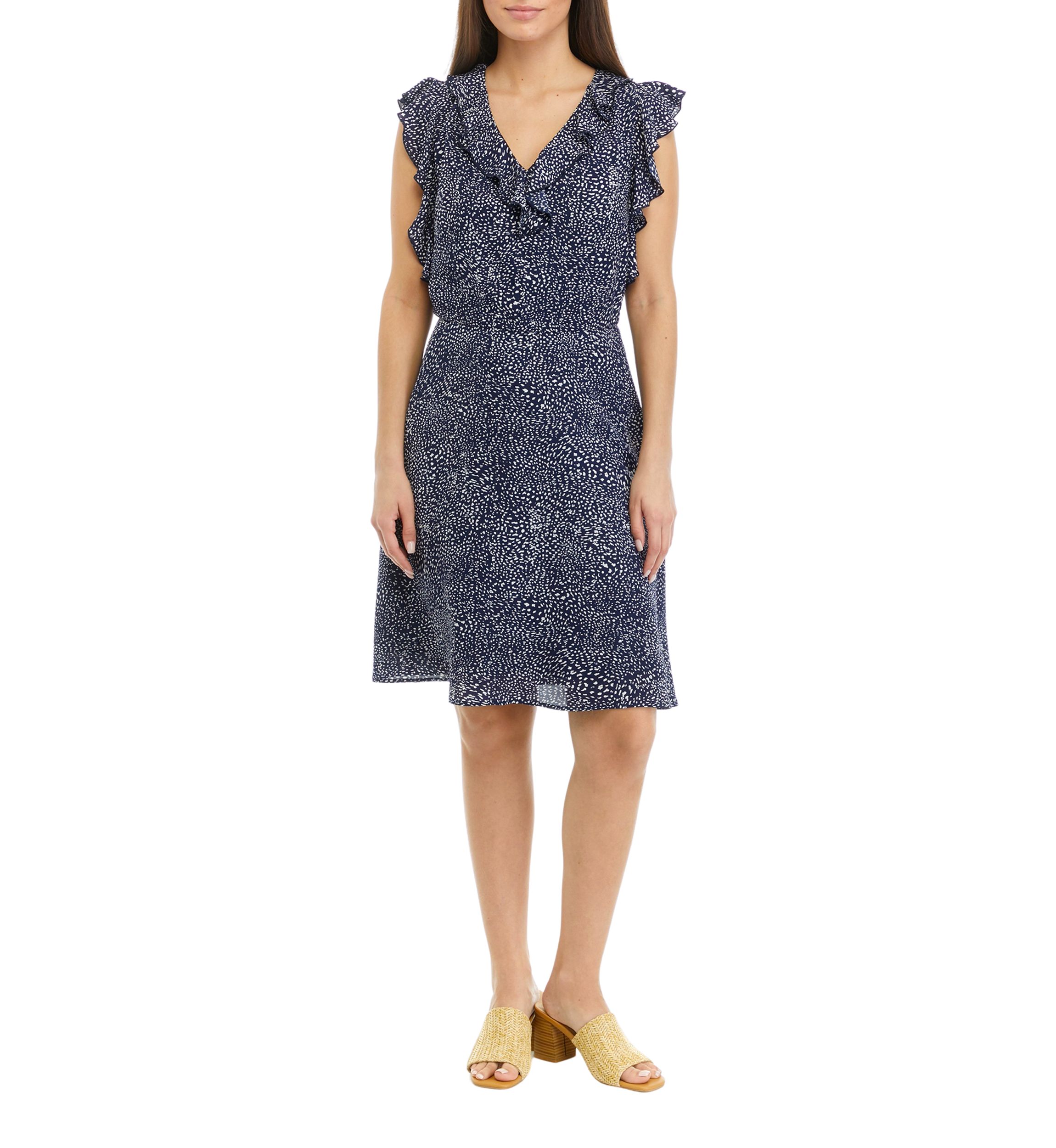 	  Petite Sleeveless V-Neck Dress with Ruffles 