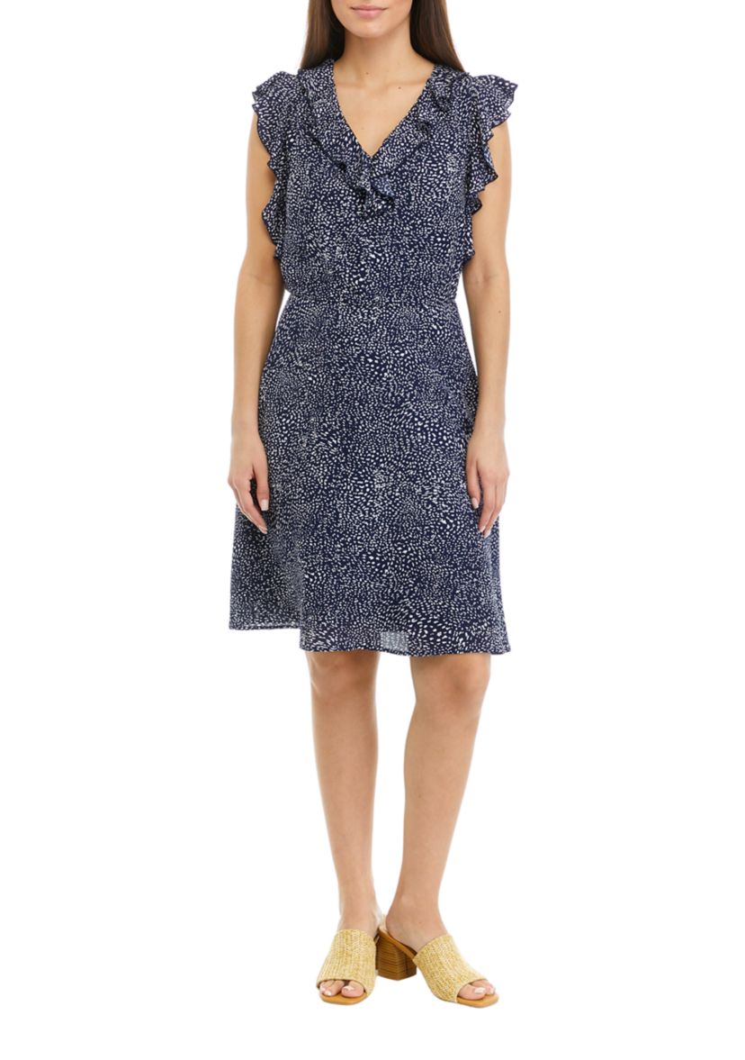 	  Petite Sleeveless V-Neck Dress with Ruffles 