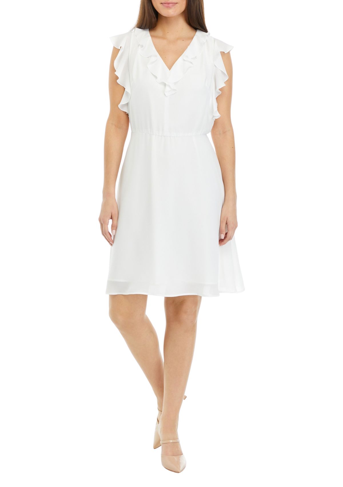 Petite Sleeveless V-Neck Dress with Ruffles