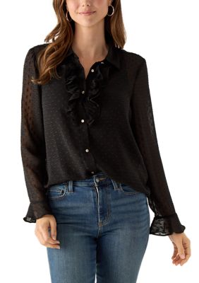 MUSE Republic Clothing Women's Sheer Button Down Polka Dot Blouse, Black, Small