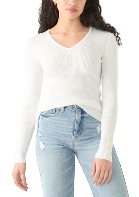 MUSE Republic Clothing Women's V-Neck Sweater with Button Detail, Small
