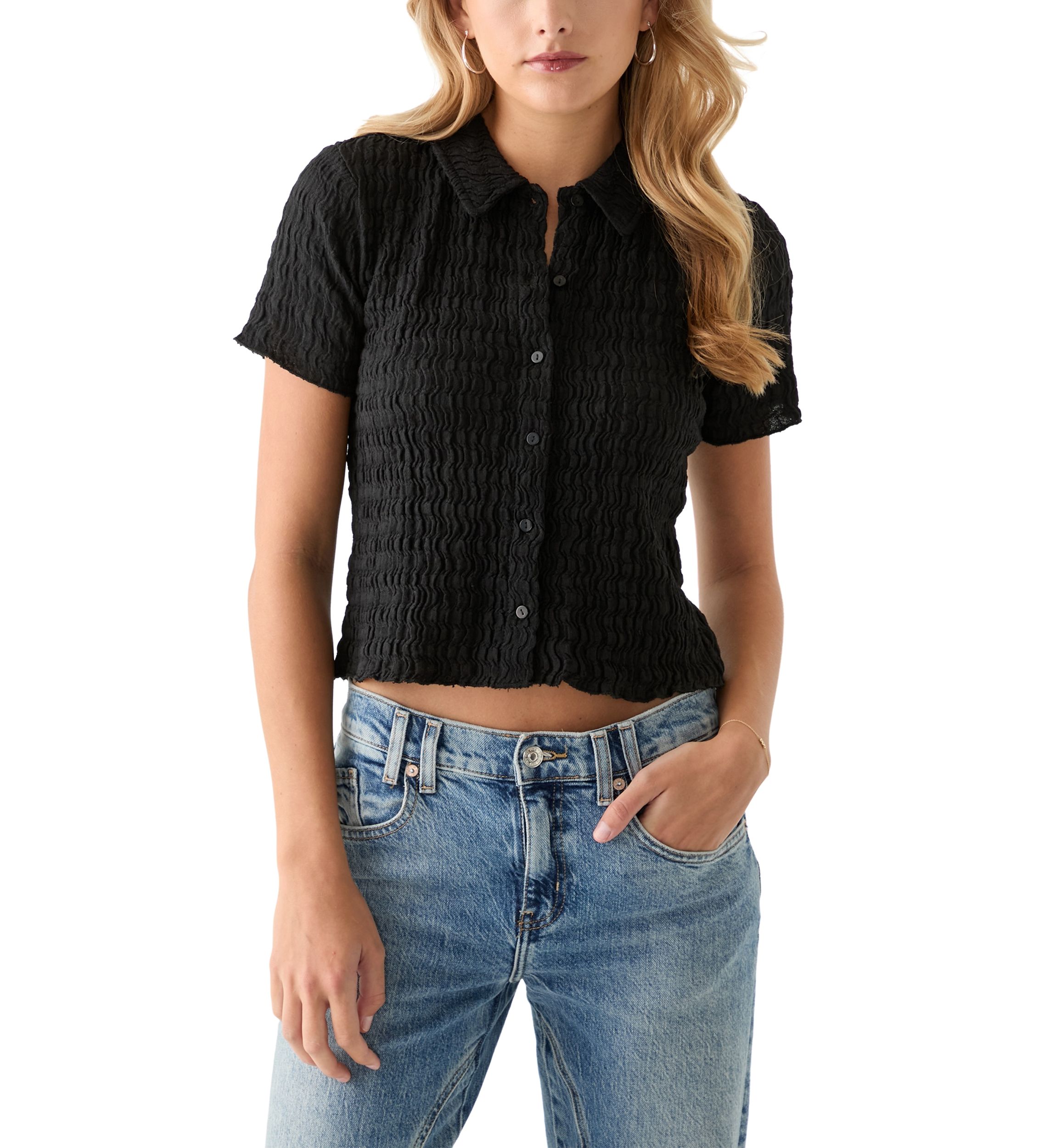Womens Short Sleeve Collared Knit Textured Shirt