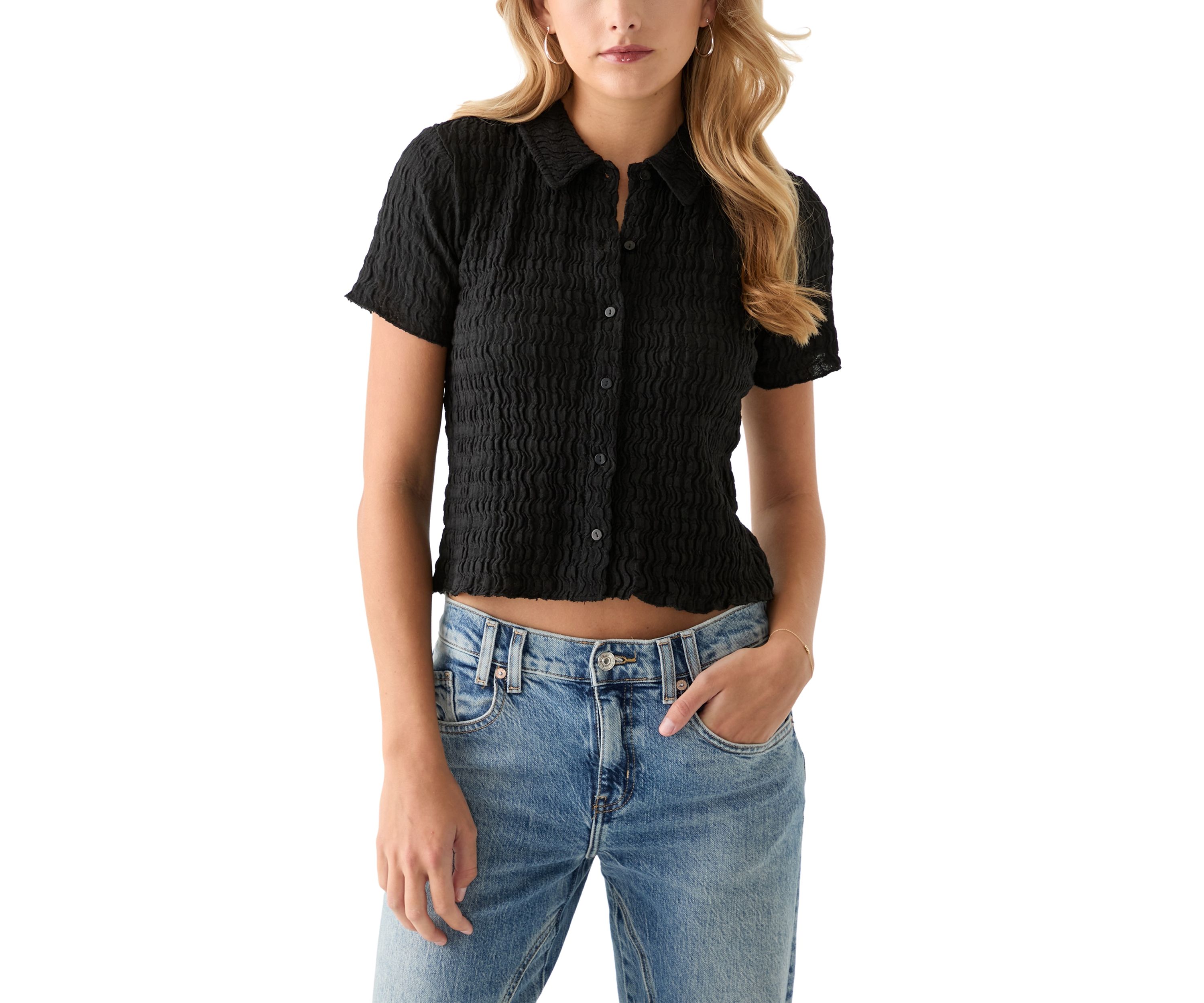 Womens Short Sleeve Collared Knit Textured Shirt
