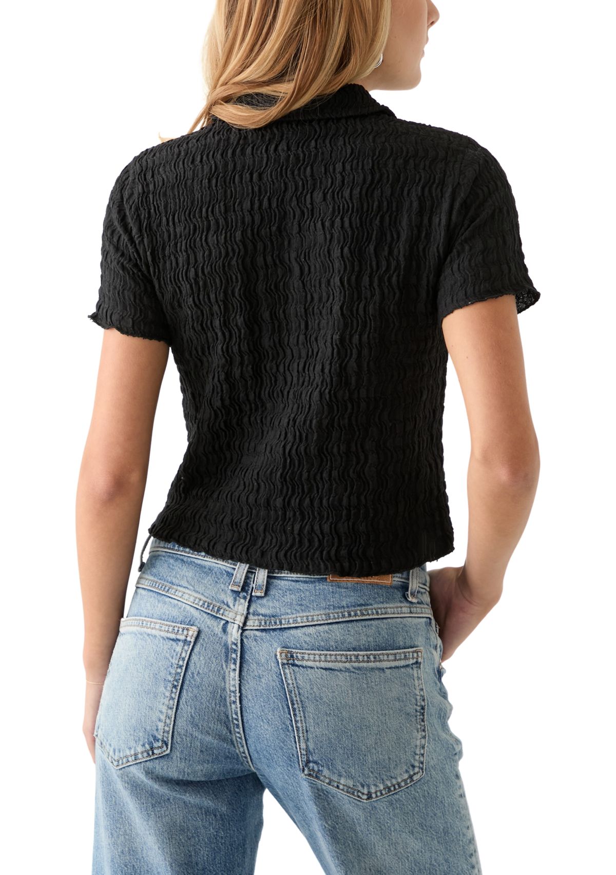 Womens Short Sleeve Collared Knit Textured Shirt