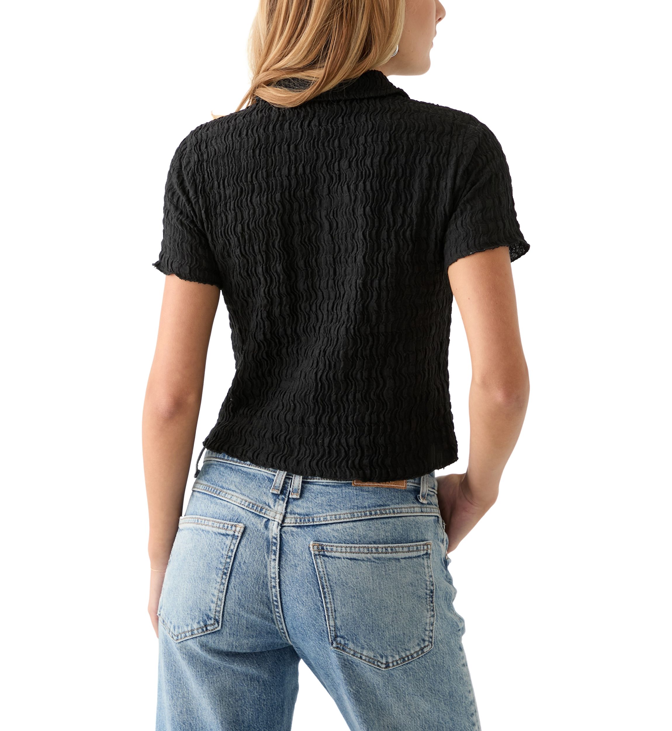 Womens Short Sleeve Collared Knit Textured Shirt