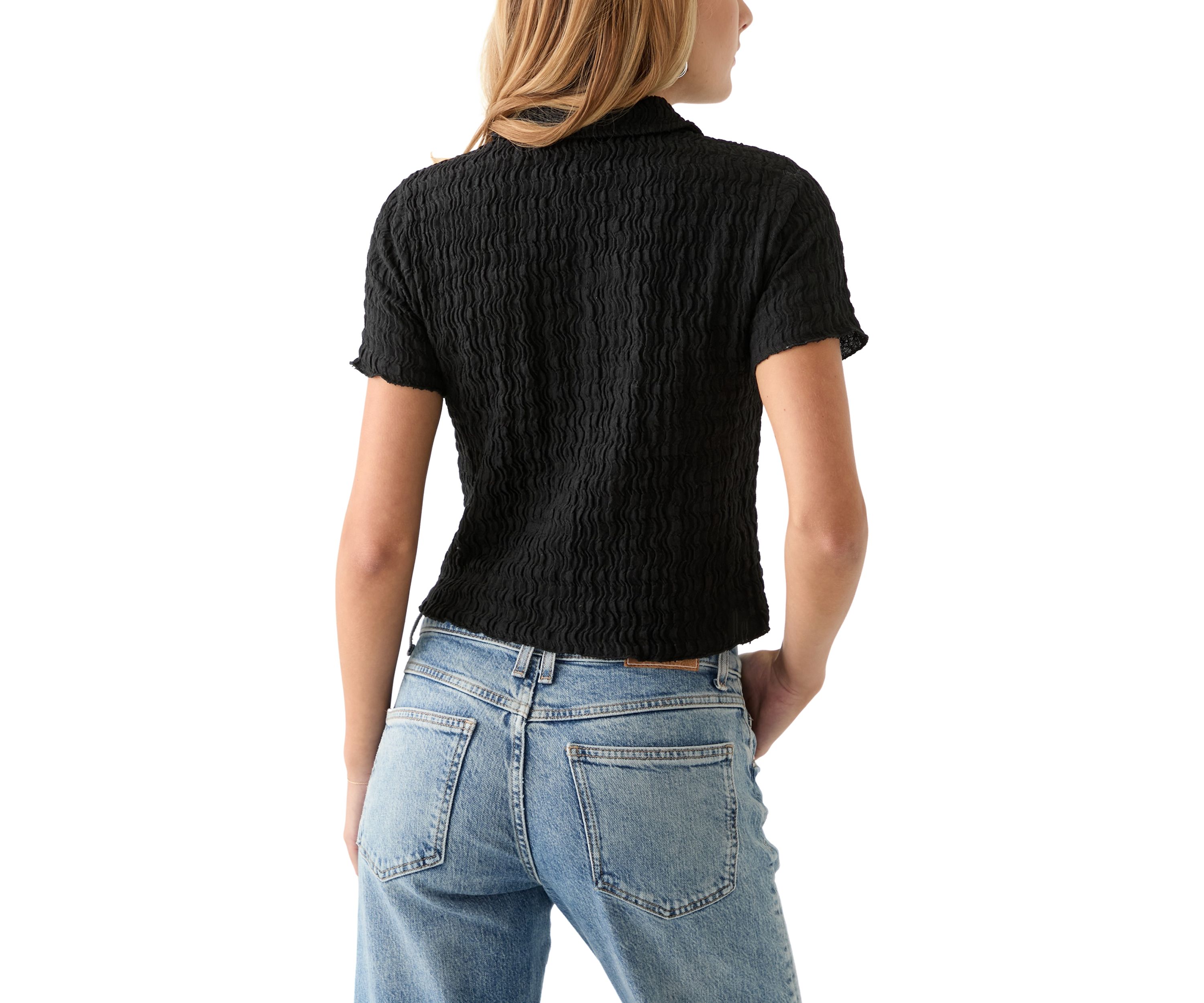 Womens Short Sleeve Collared Knit Textured Shirt