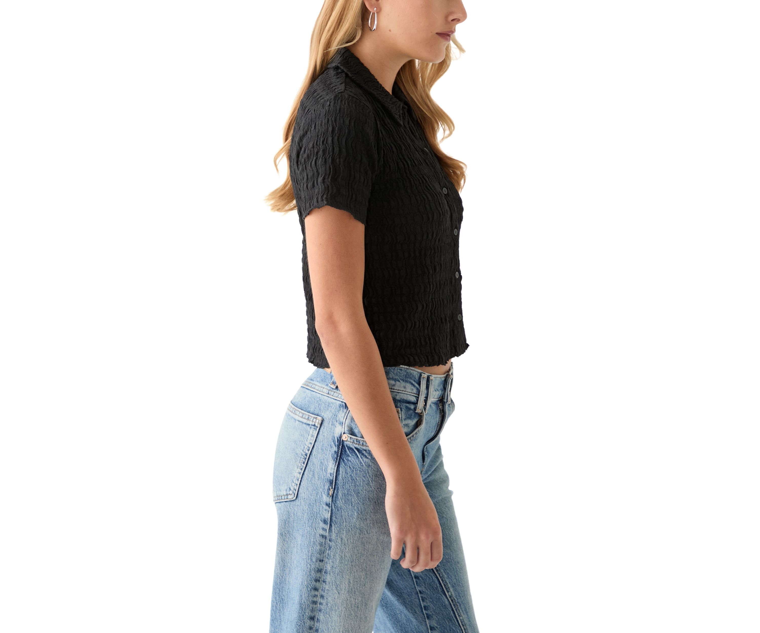 Womens Short Sleeve Collared Knit Textured Shirt