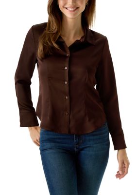 MUSE Republic Clothing Women's Long Sleeve Fitted Woven Satin Collared Button Up Shirt, Small