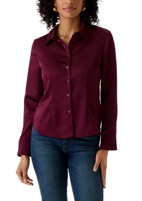 MUSE Republic Clothing Women's Long Sleeve Fitted Woven Satin Collared Button Up Shirt, Small