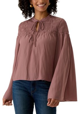 MUSE Republic Clothing Women's Tie Neck Long Sleeve Airflow Blouse with Shirred Yoke, Mauve, Small